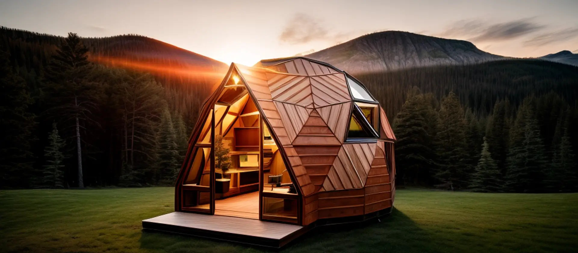 Futuristic geometric wooden glamping pod with panoramic windows at sunset in a mountain forest setting