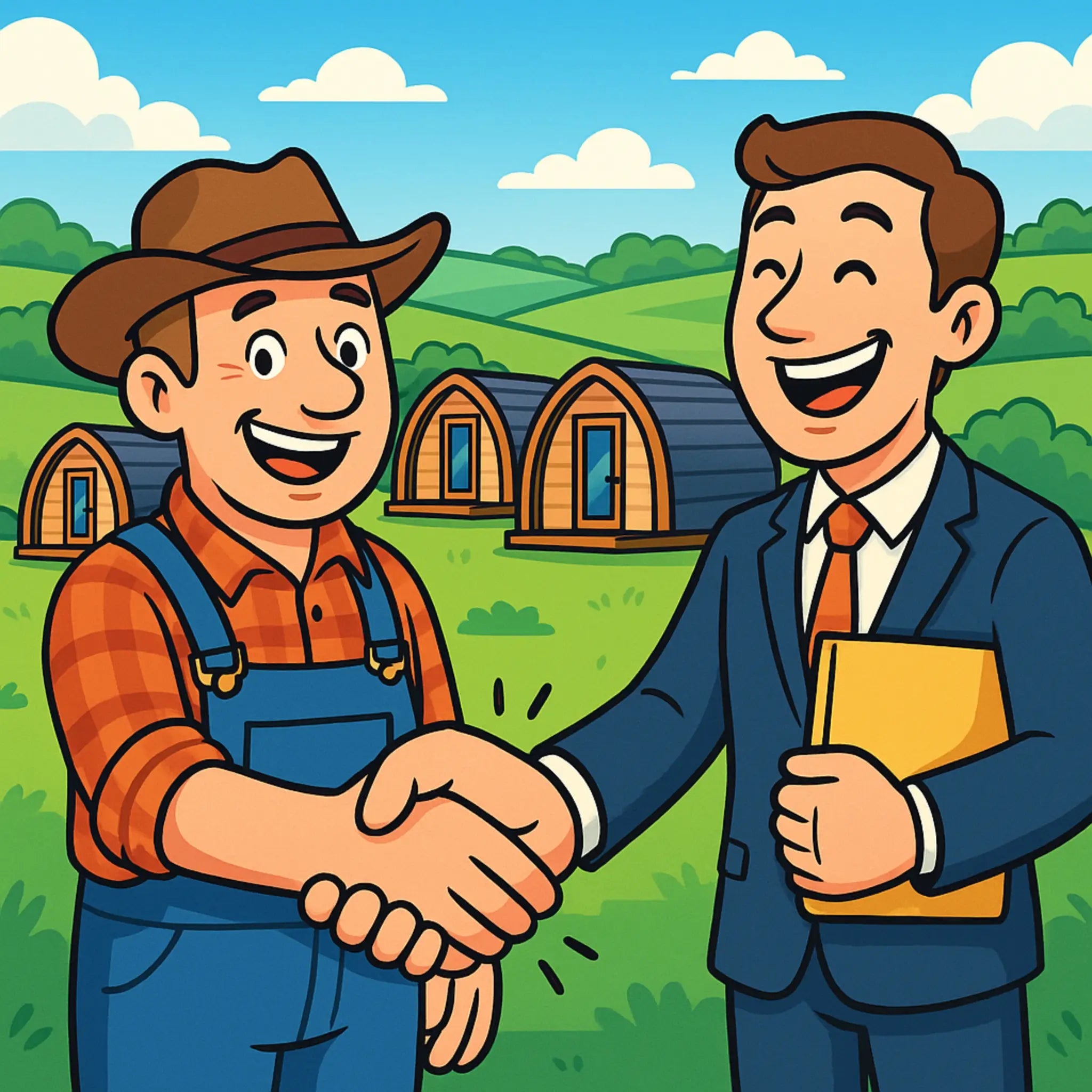 Colourful cartoon image of a landowner meeting a glamping pod supplier, shaking hands in front of several glamping pods on a rural site.