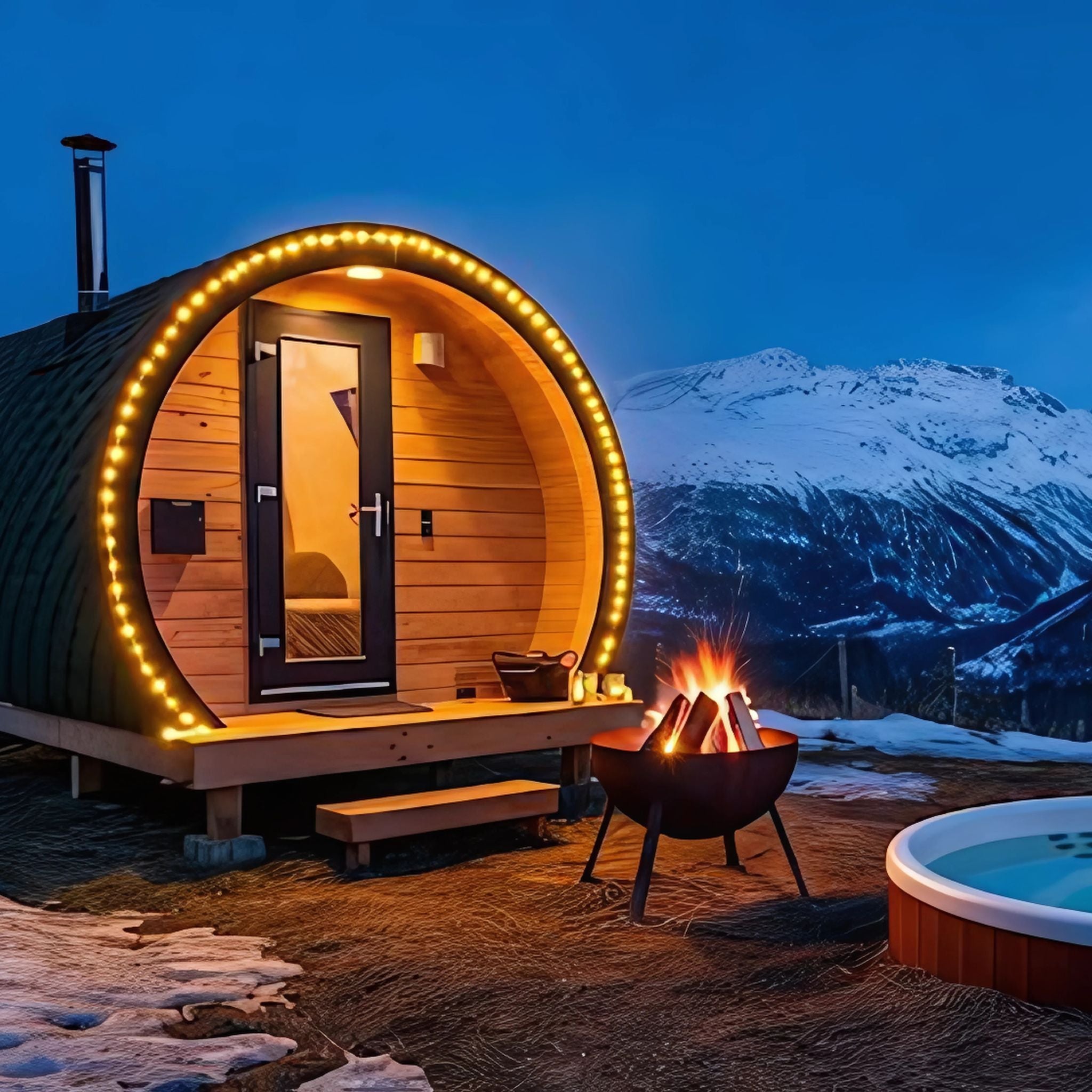 A beautifully lit barrel-shaped glamping pod with a private hot tub and firepit, set against a stunning snow-capped mountain backdrop, offering a cosy winter retreat.
