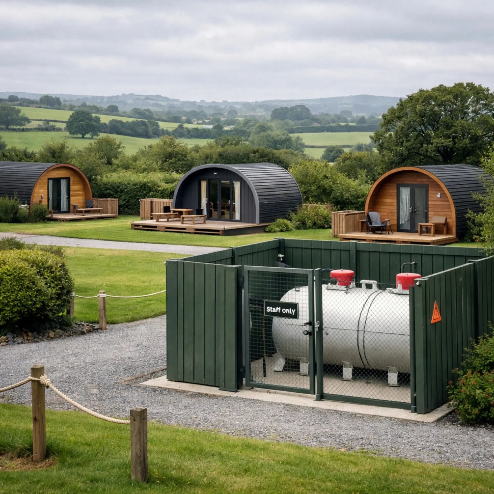 Fenced bulk LPG tank supplying gas to multiple glamping pods on a UK glamping site, with pods positioned at safe distances in a rural landscape.