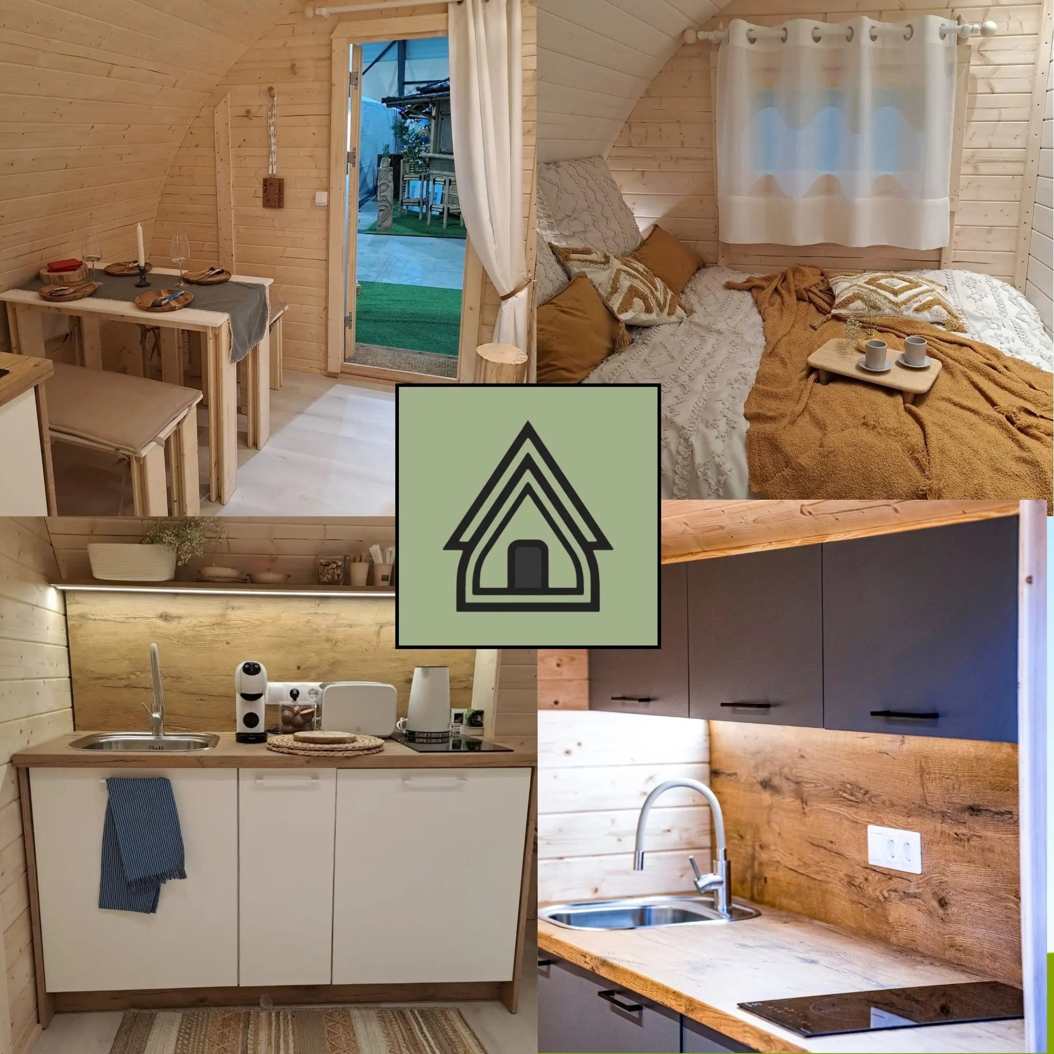 Collage showing modern glamping pod interiors including living area, kitchenette, dining space, and cosy bedroom setup.