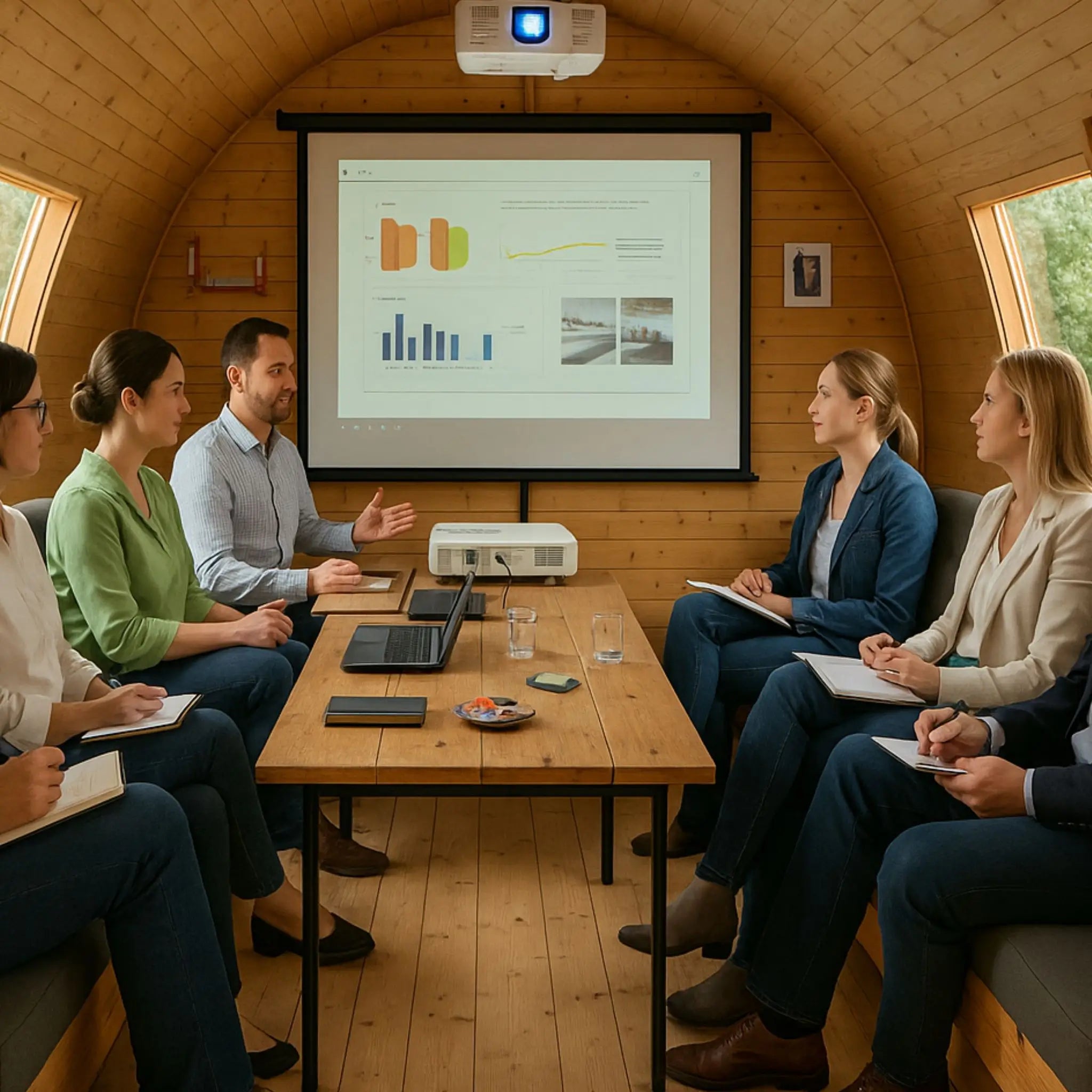 Business team holding a meeting inside a spacious timber glamping pod with a projector screen, perfect for workshops and brainstorming sessions during a corporate retreat.