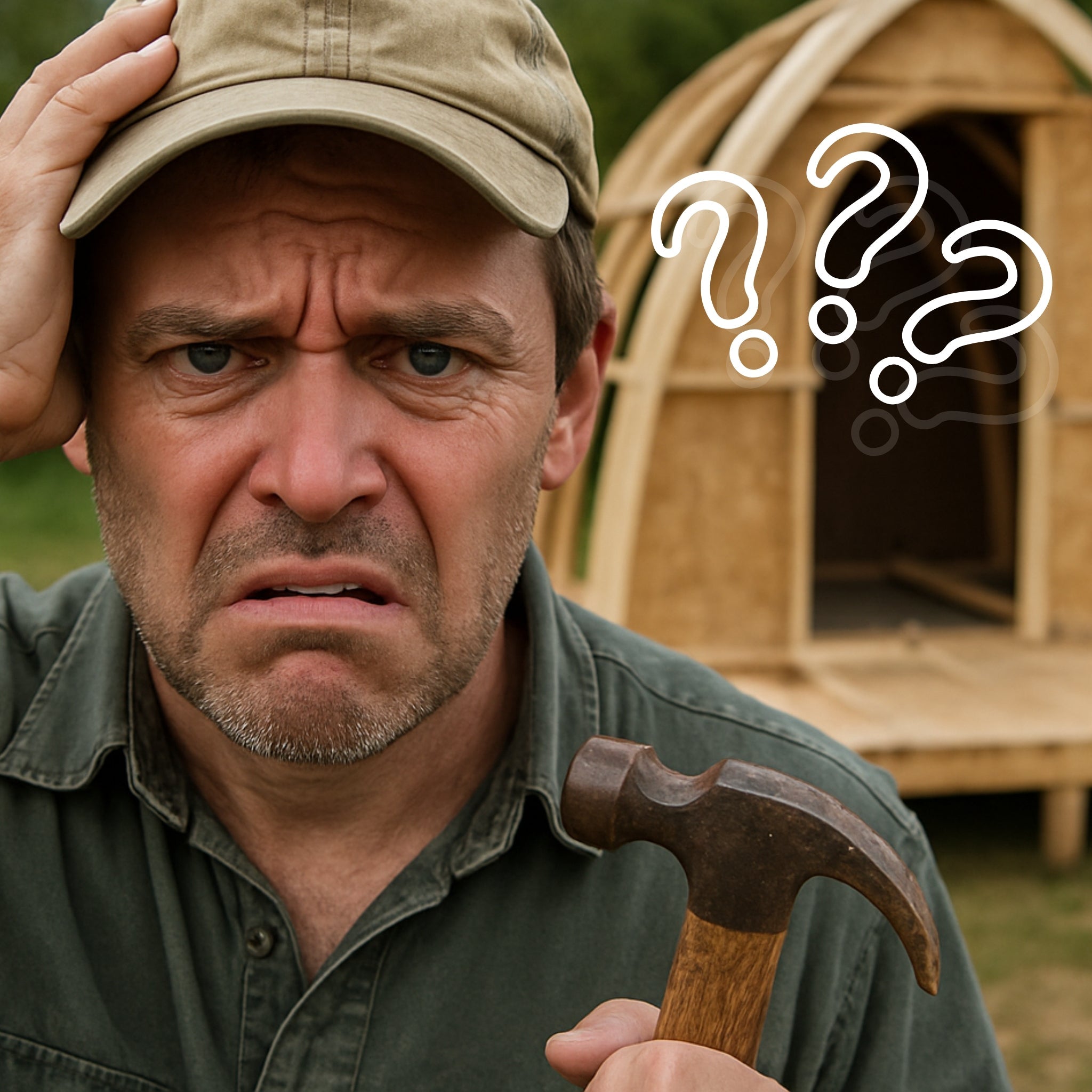 A confused landowner holding a hammer in front of a half-built DIY glamping pod, showing the frustration and challenges of building a pod yourself.