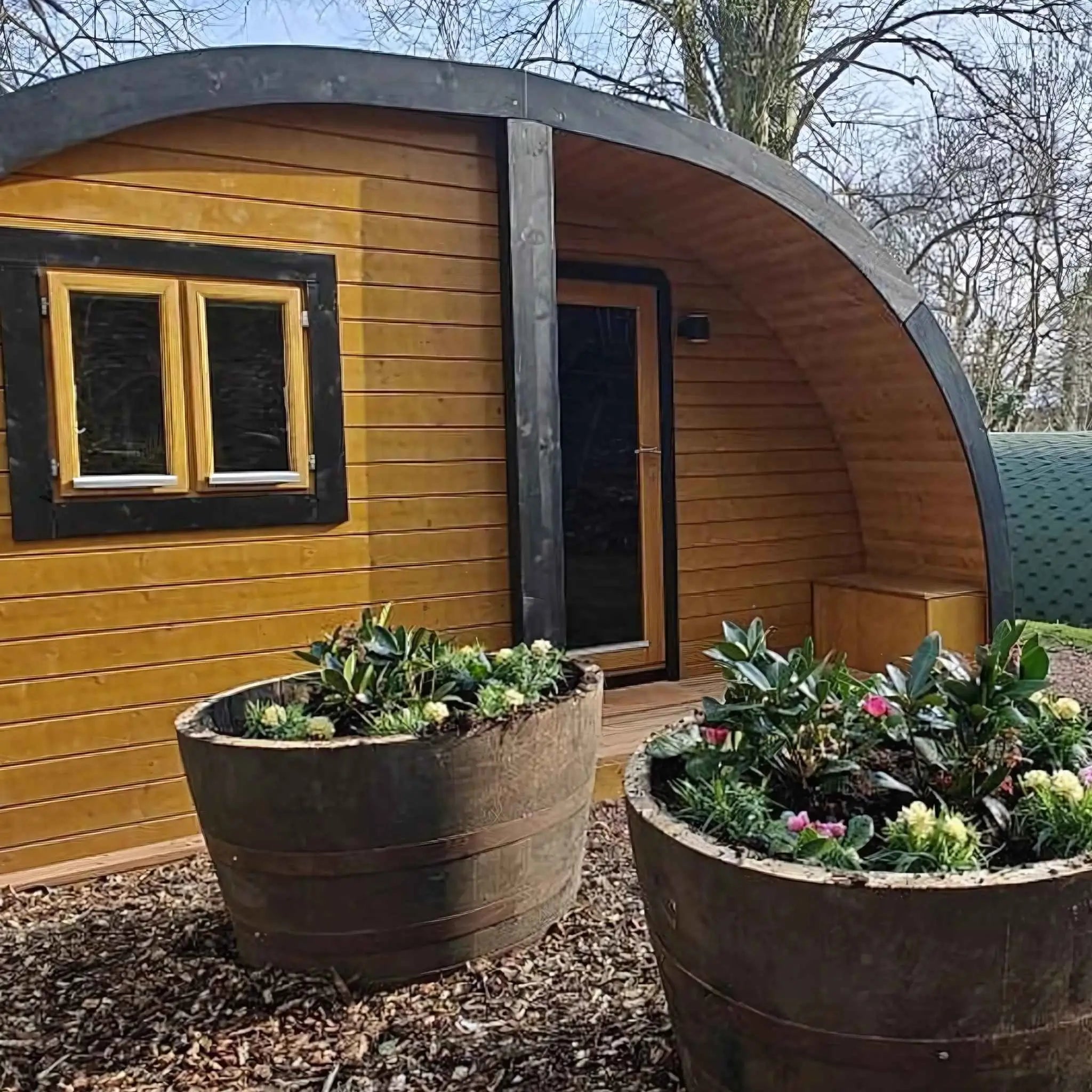 Exterior of the Dual Halfmoon Glamping Pod at The Crown at Pantygelli – luxury 2-person wooden pod