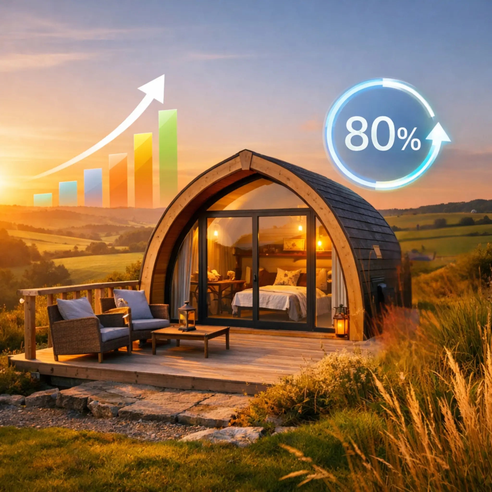 Modern luxury glamping pod in rural landscape representing integrated planning, permissions, and profitable glamping business development in the UK.