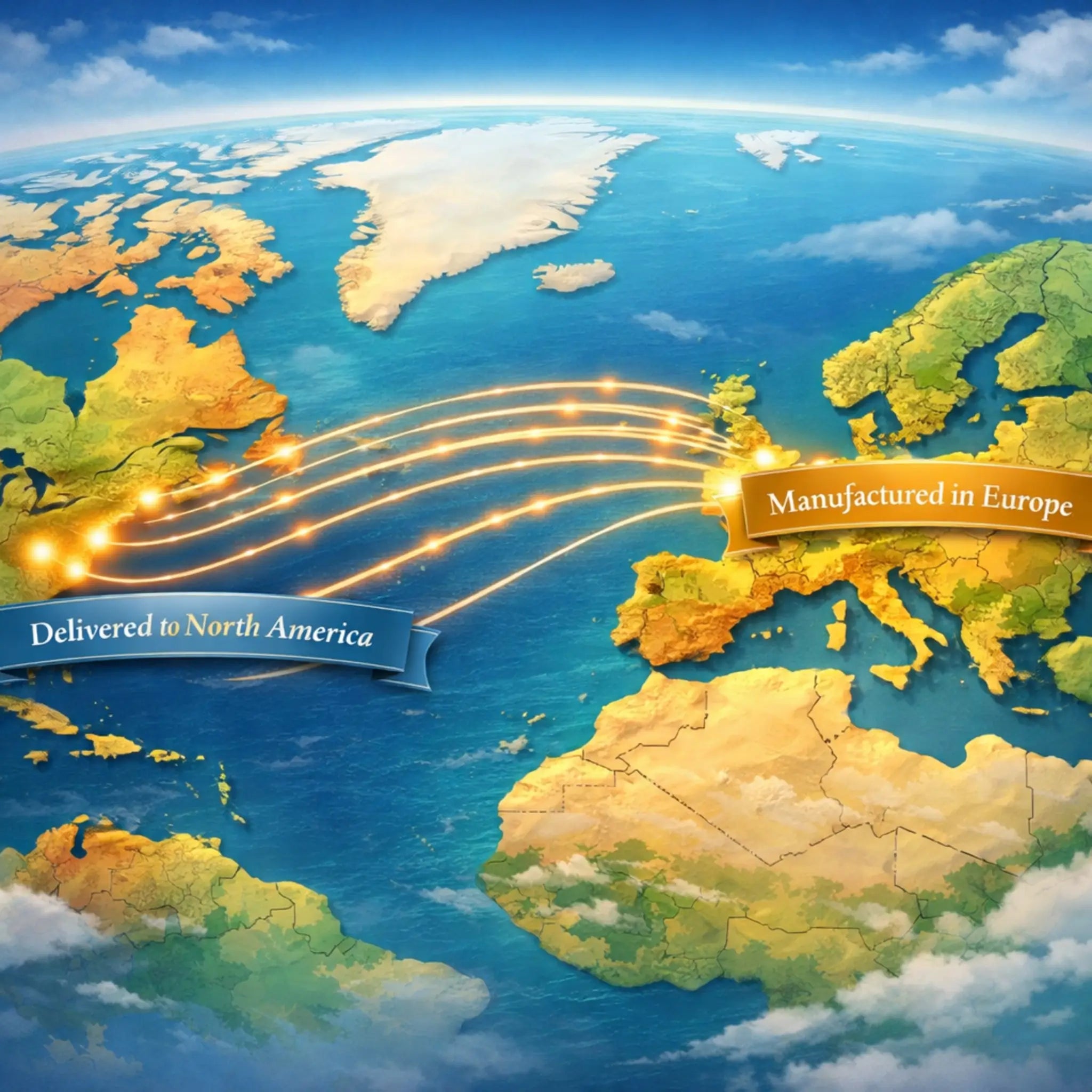 Map showing transatlantic shipping routes from Europe to the United States for delivery of glamping pods