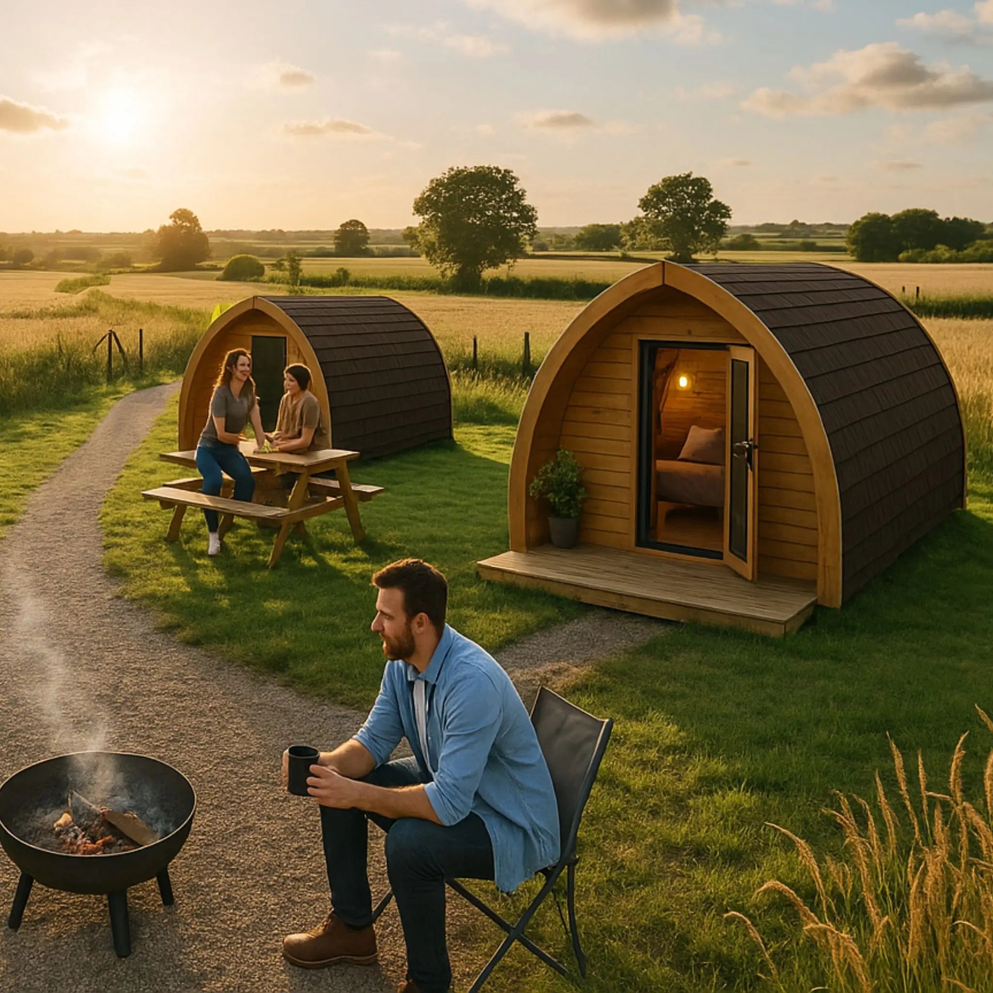 Guests enjoying a relaxed campfire gathering surrounded by timber glamping pods at sunset in a scenic UK countryside resort