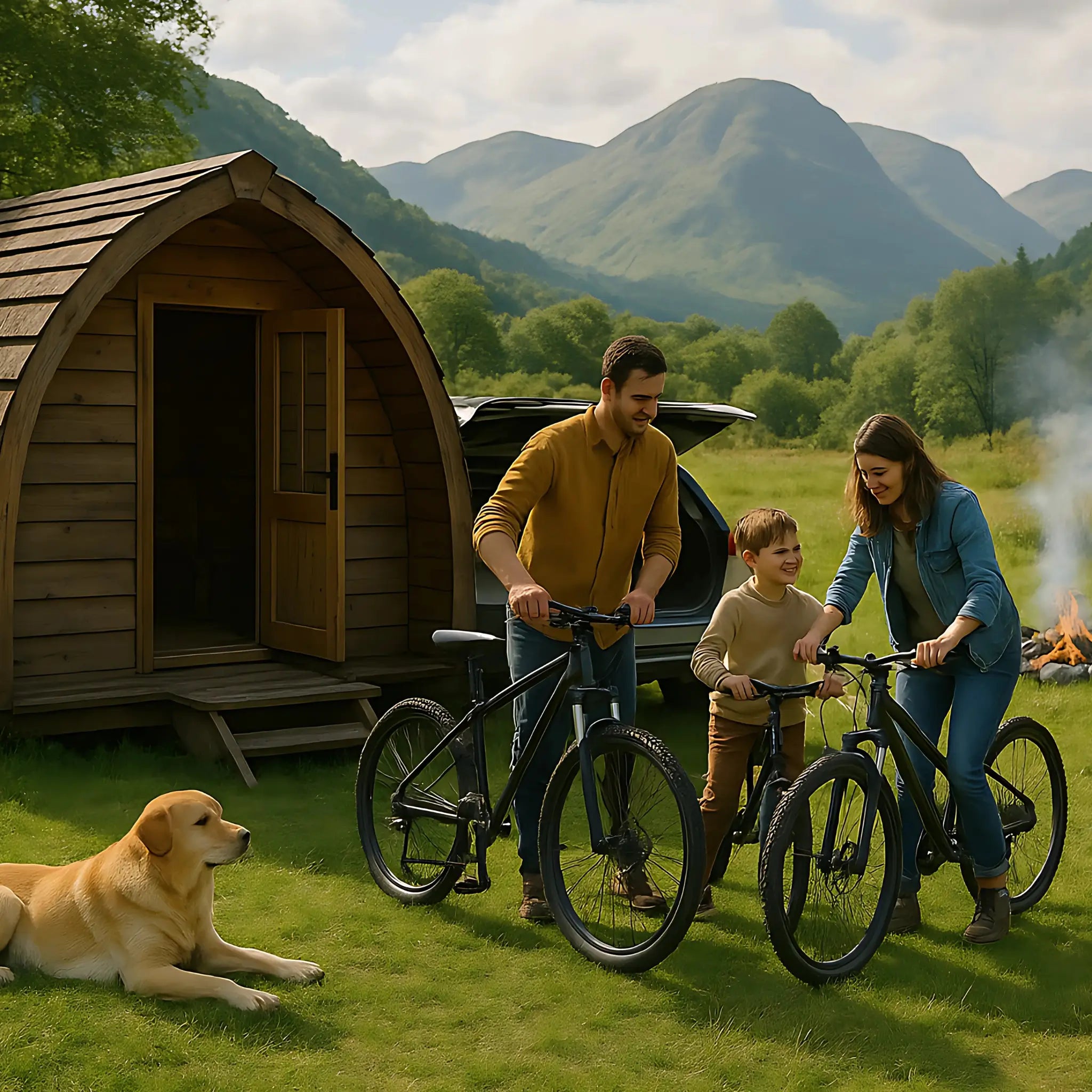 Family with children and bikes outside a timber glamping pod in a UK valley, with scenic mountains and a campfire nearby