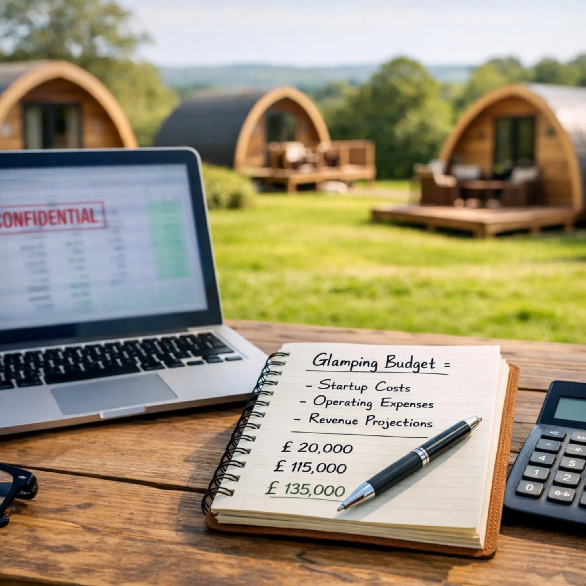 Notebook with glamping startup cost estimates next to a laptop and calculator overlooking luxury glamping pods, illustrating financial planning for a UK glamping site.