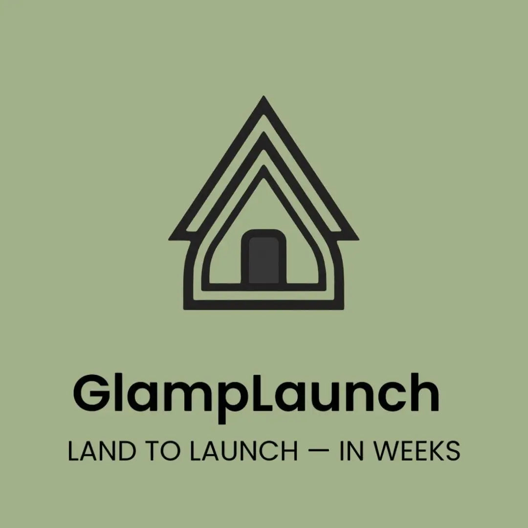 GlampLaunch logo on a green background with the tagline "Land to Launch in Weeks," representing expert support for launching UK glamping businesses.