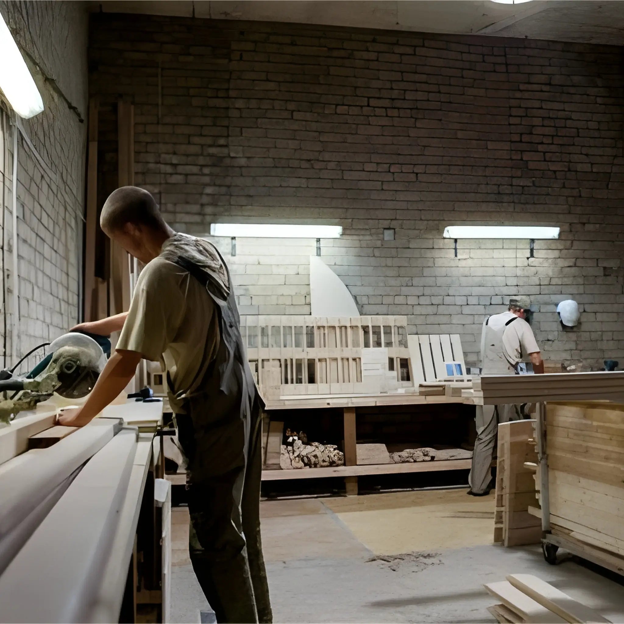 Skilled craftsmen working with timber components inside a GlampLaunch factory workshop, assembling modular pods with precision woodworking tools.
