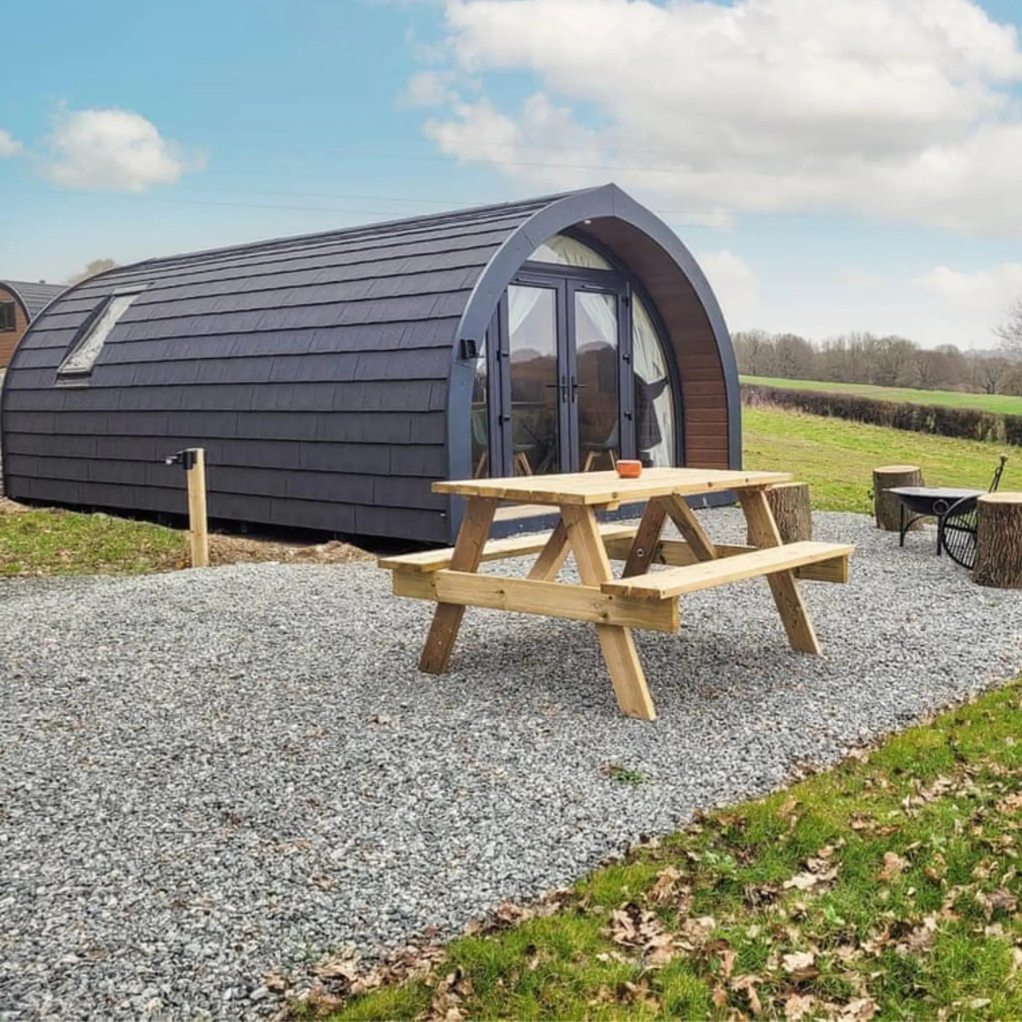 Stylish glamping pod showing exterior, ideal for UK entrepreneurs planning to launch a glamping business.