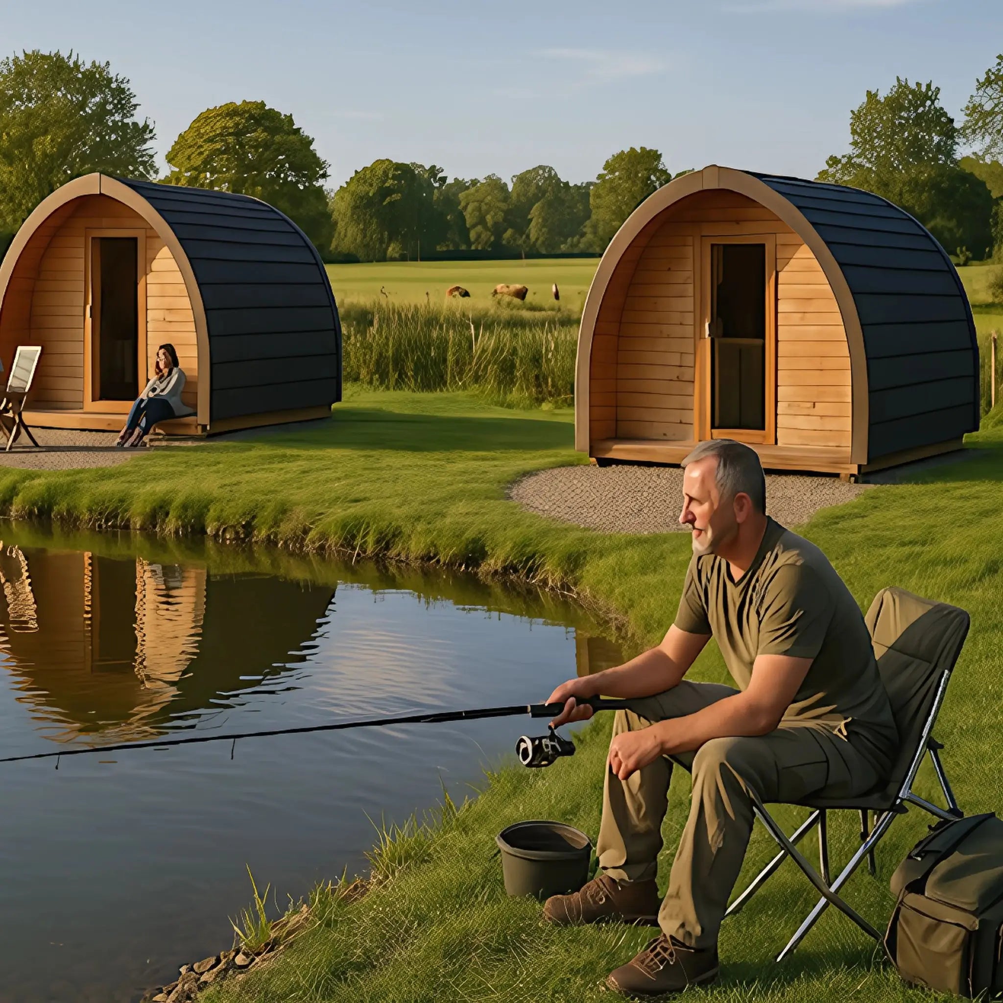 Guests enjoying a peaceful stay at lakeside glamping pods by the water, ideal for relaxation and nature immersion.