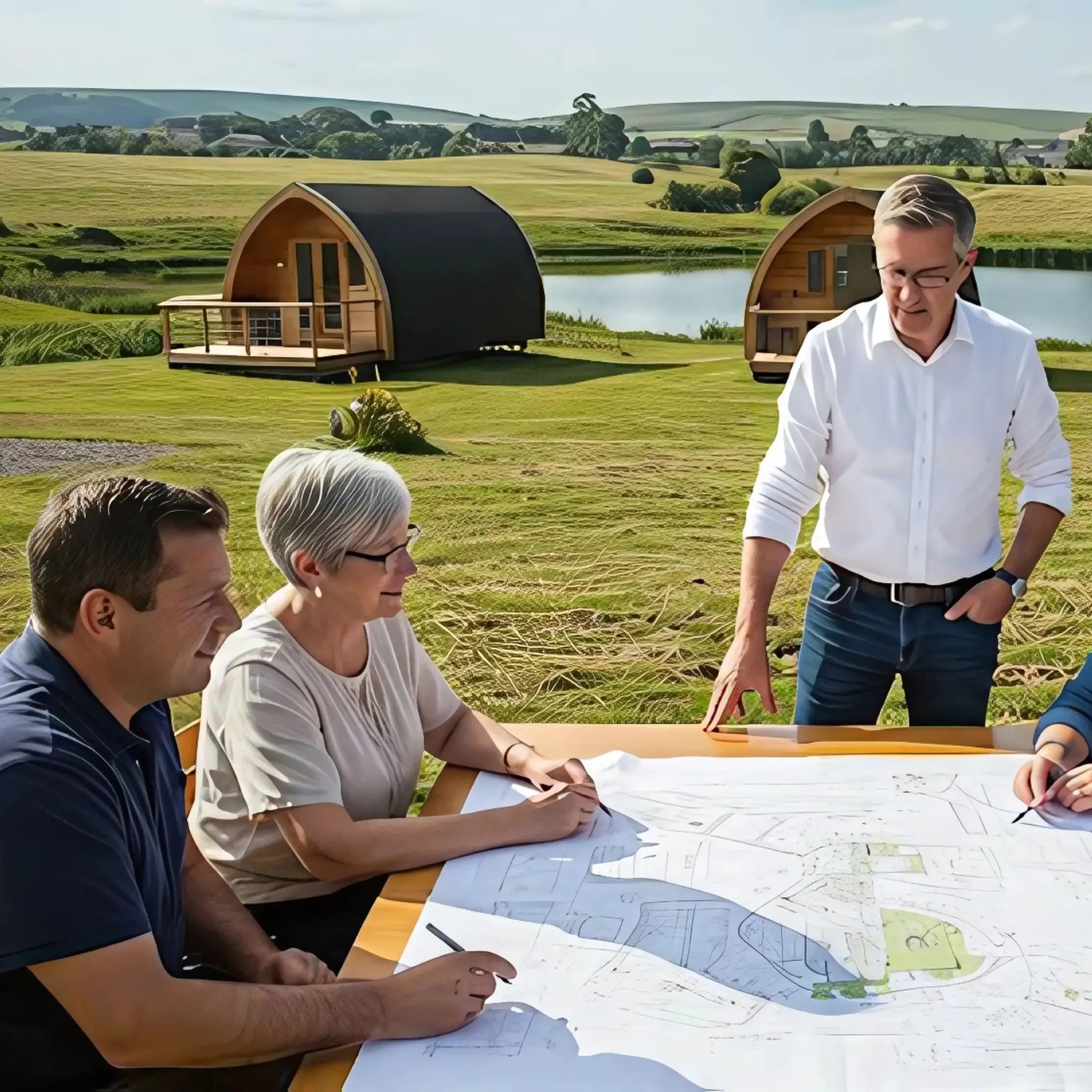 A group of people discussing a glamping site development plan with luxury wooden pods in the background, set in a scenic countryside location.