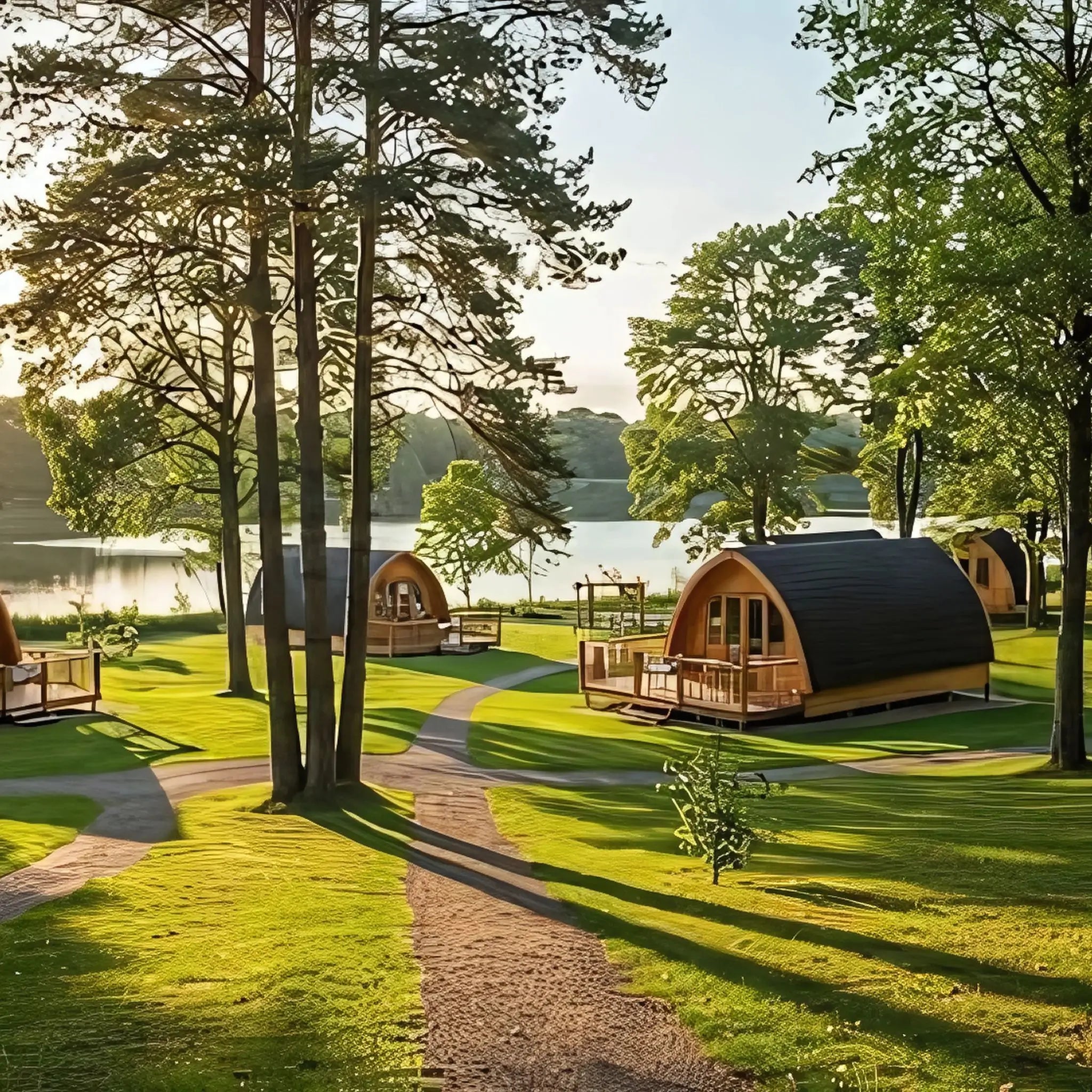 Scenic lakeside glamping pods nestled among tall trees with winding pathways.