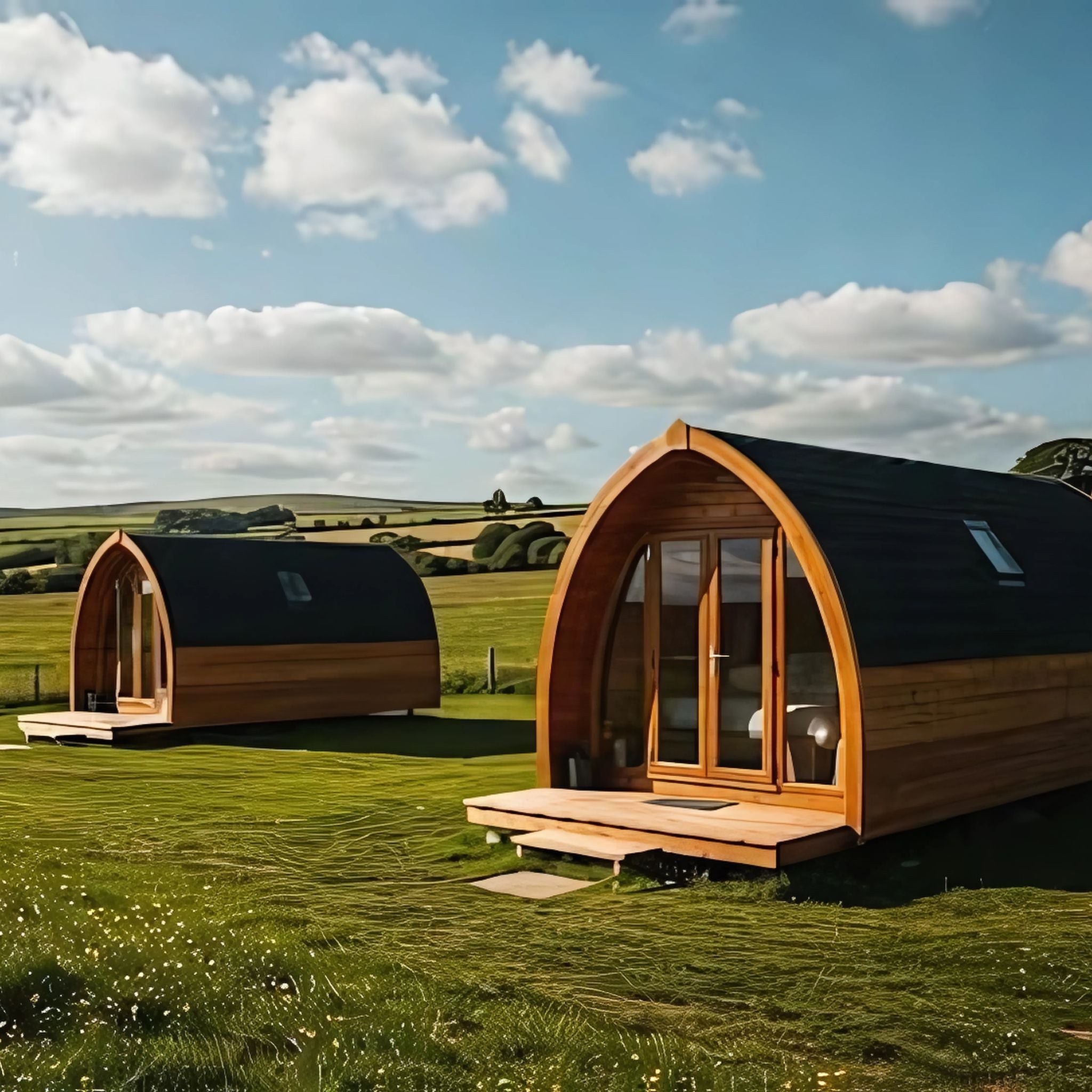 Two wooden glamping pods on a wildflower-dotted green field under a blue sky, offering panoramic rural views.