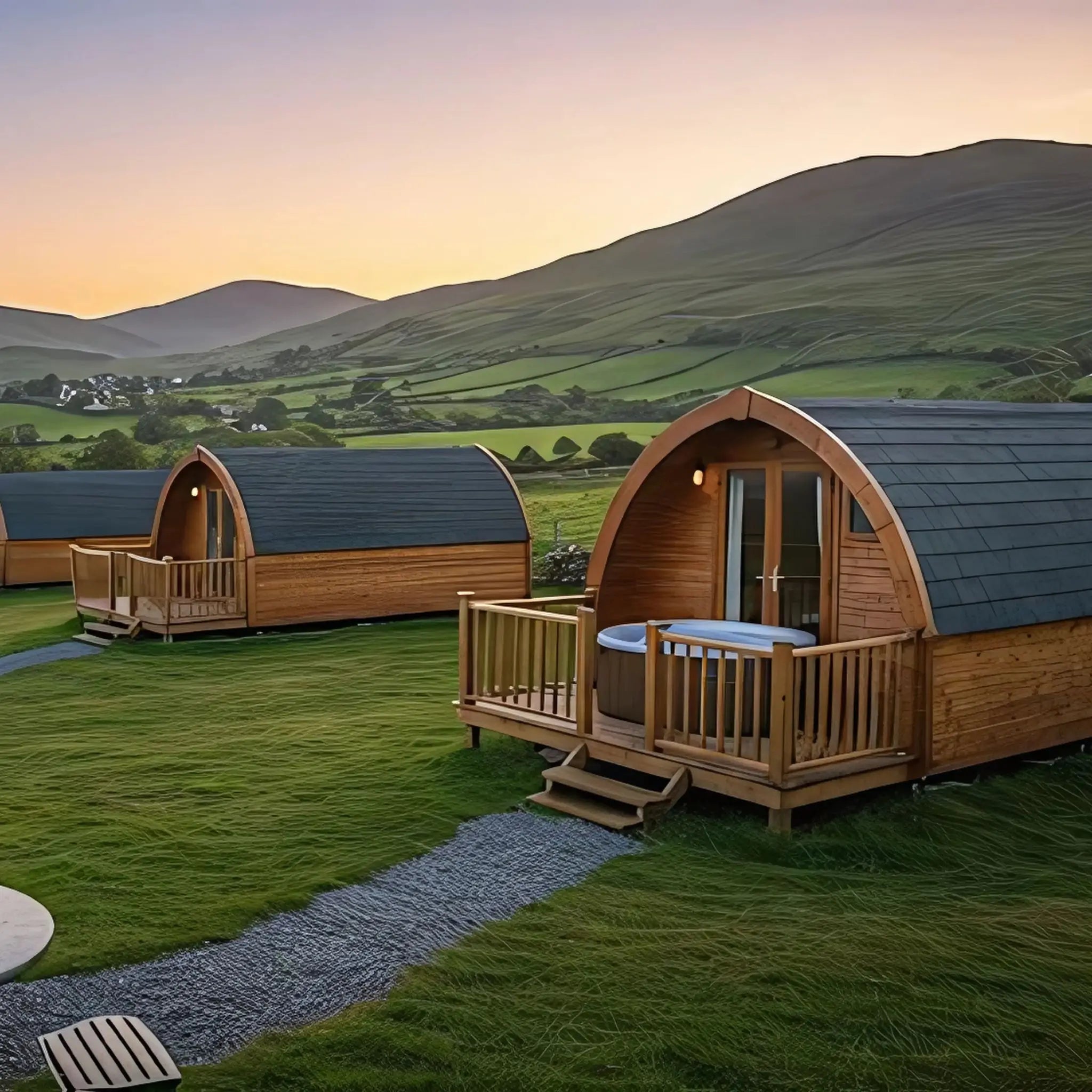 Wooden glamping pods with hot tubs and decking at a countryside site near UK hills