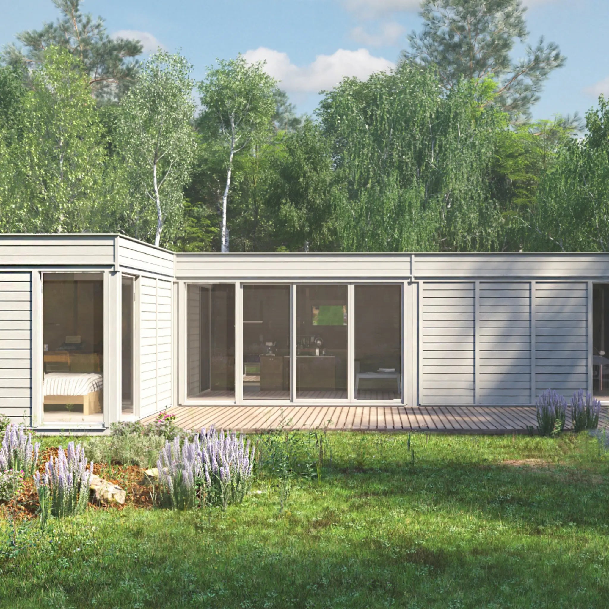 3D render of the off-grid L-shaped modular glamping pod with two bedrooms, kitchen, and deck, designed for eco-friendly long-stay guests seeking luxury and sustainability.