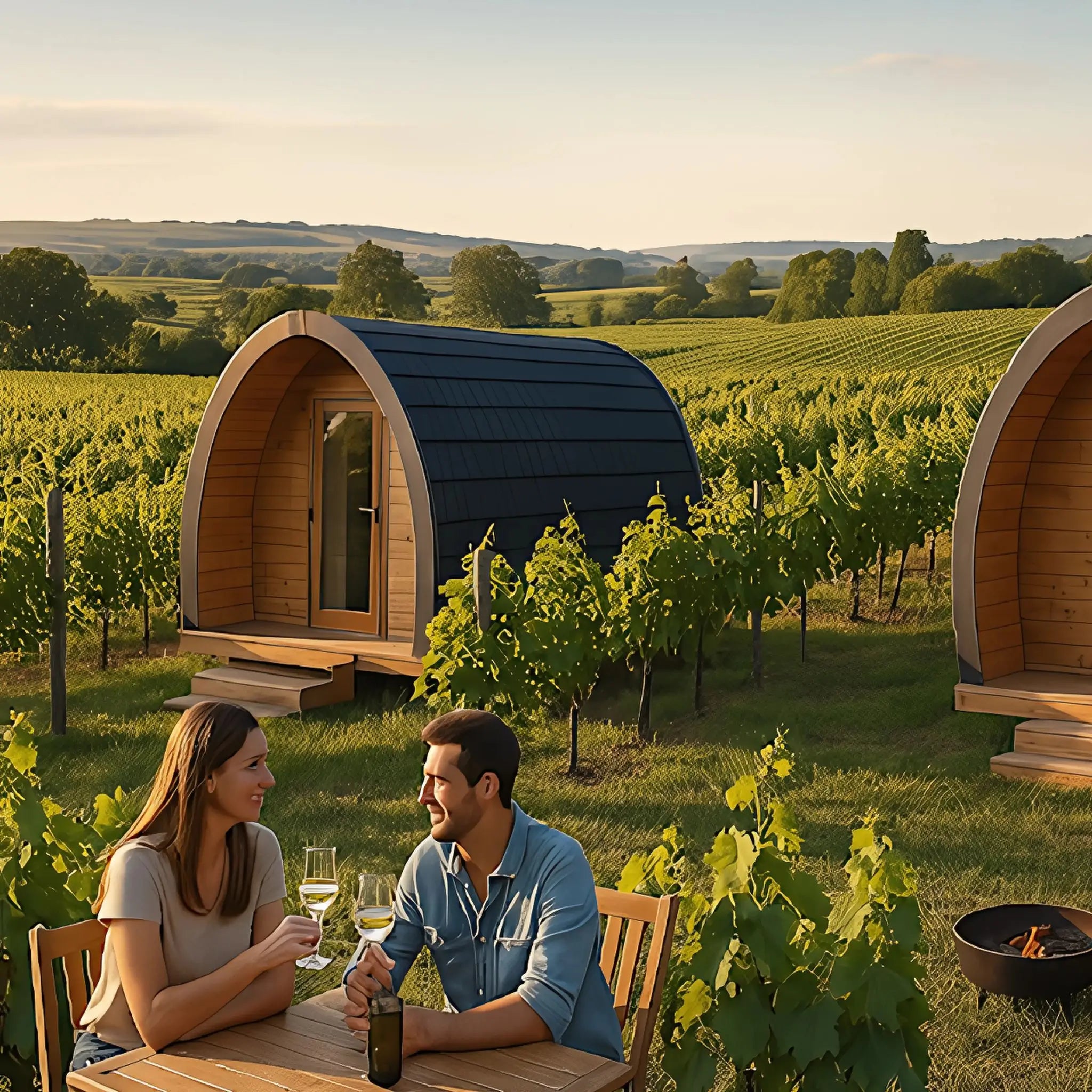 Timber glamping pods set amongst vineyard rows, with couples relaxing by a firepit and enjoying wine in a scenic countryside setting.