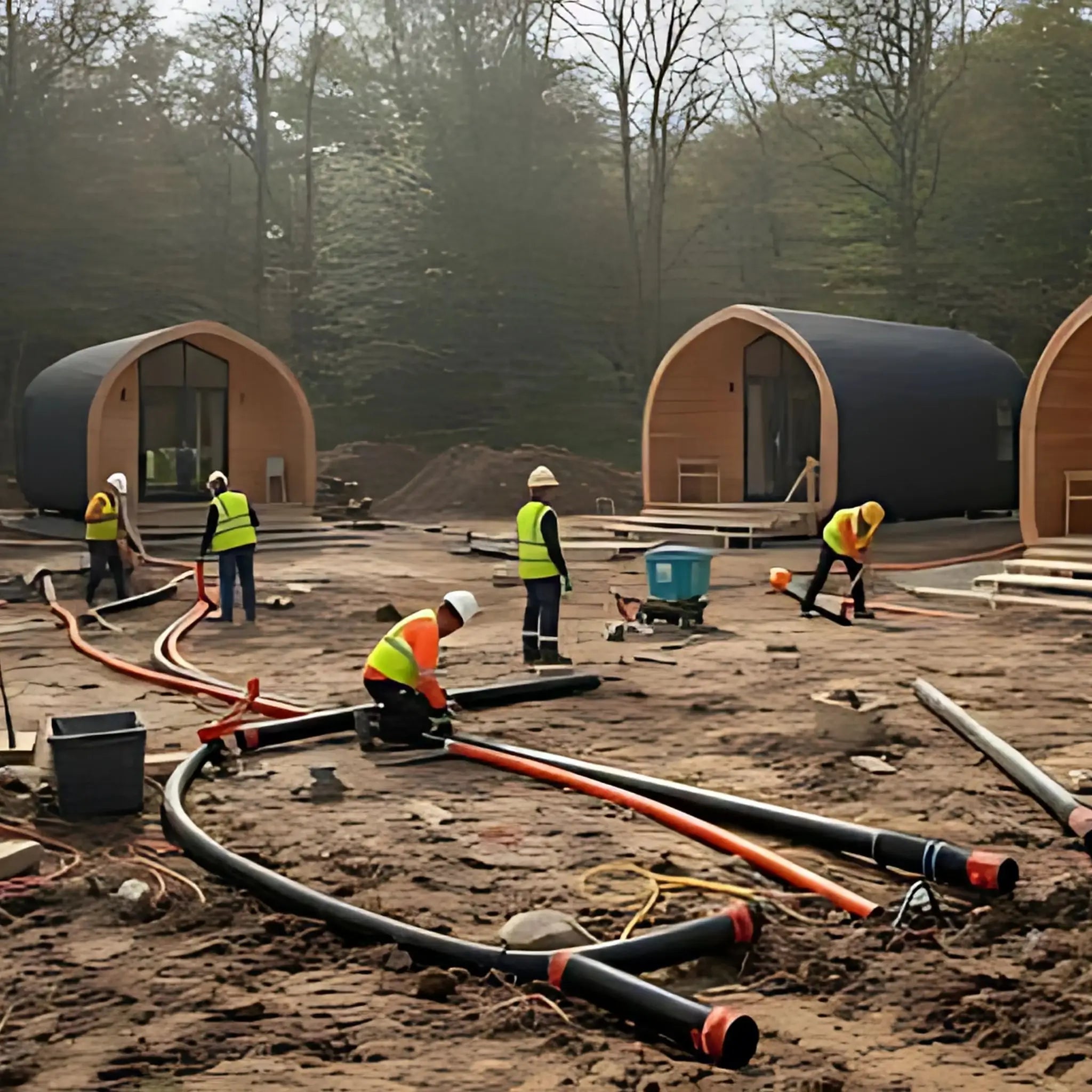 Construction workers installing pipes and utilities at a new glamping site, with several modern wooden pods already positioned in a woodland clearing.