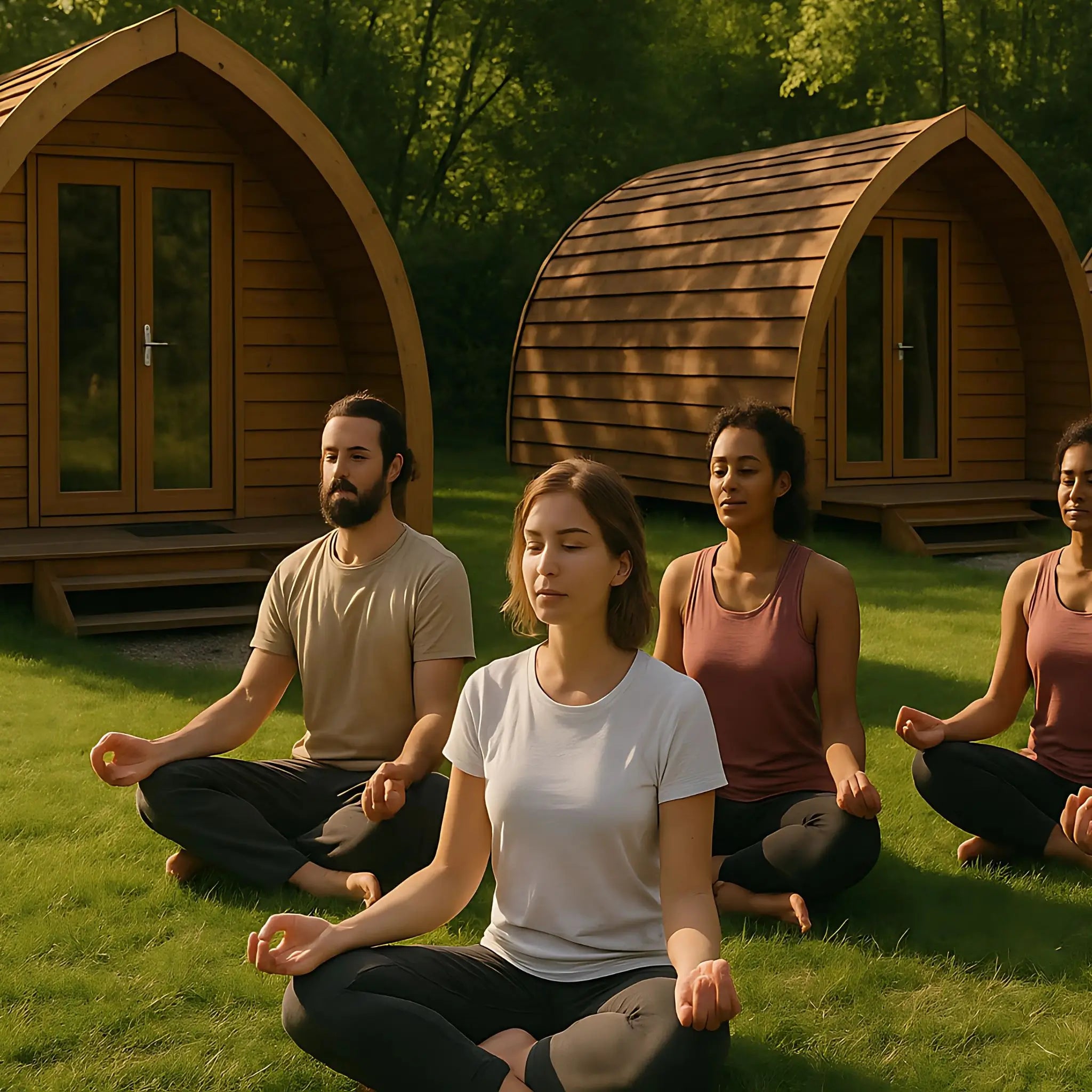 Group meditating in front of glamping pods surrounded by greenery, offering a peaceful wellness and meditation retreat
