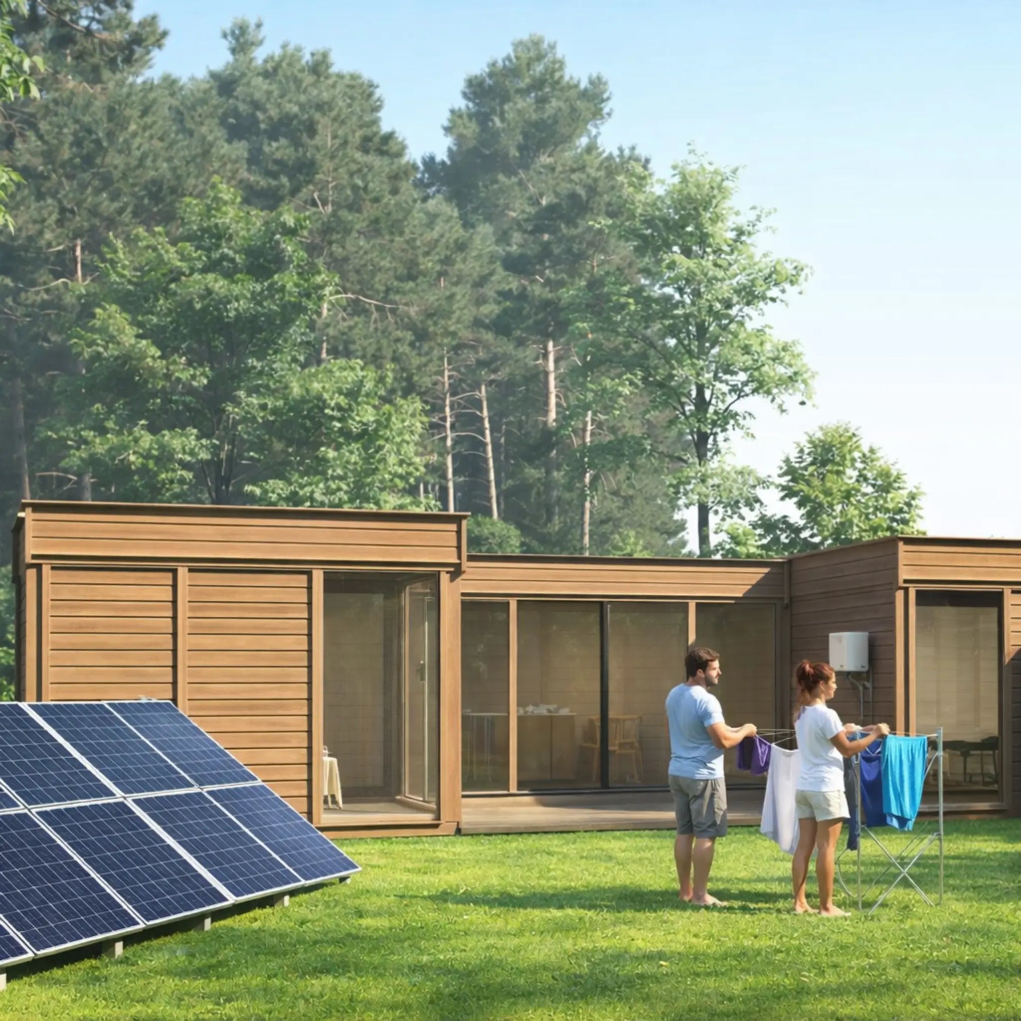 Mortgage-free off-grid modular home with solar panels, showing sustainable living and reduced monthly energy costs in the UK
