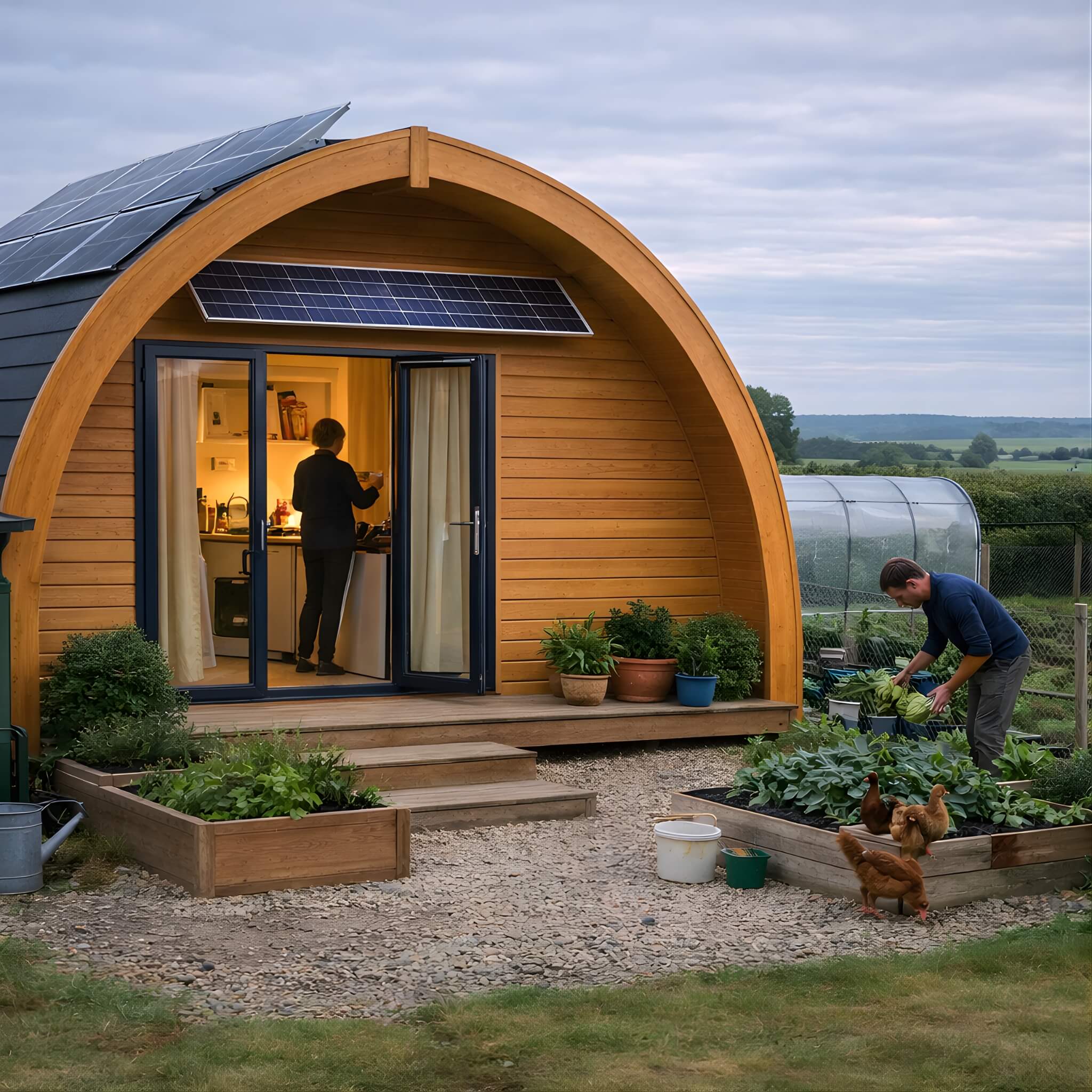 Off-grid glamping pod with solar panels and vegetable garden, showing a low-impact living setup compared to traditional housing.