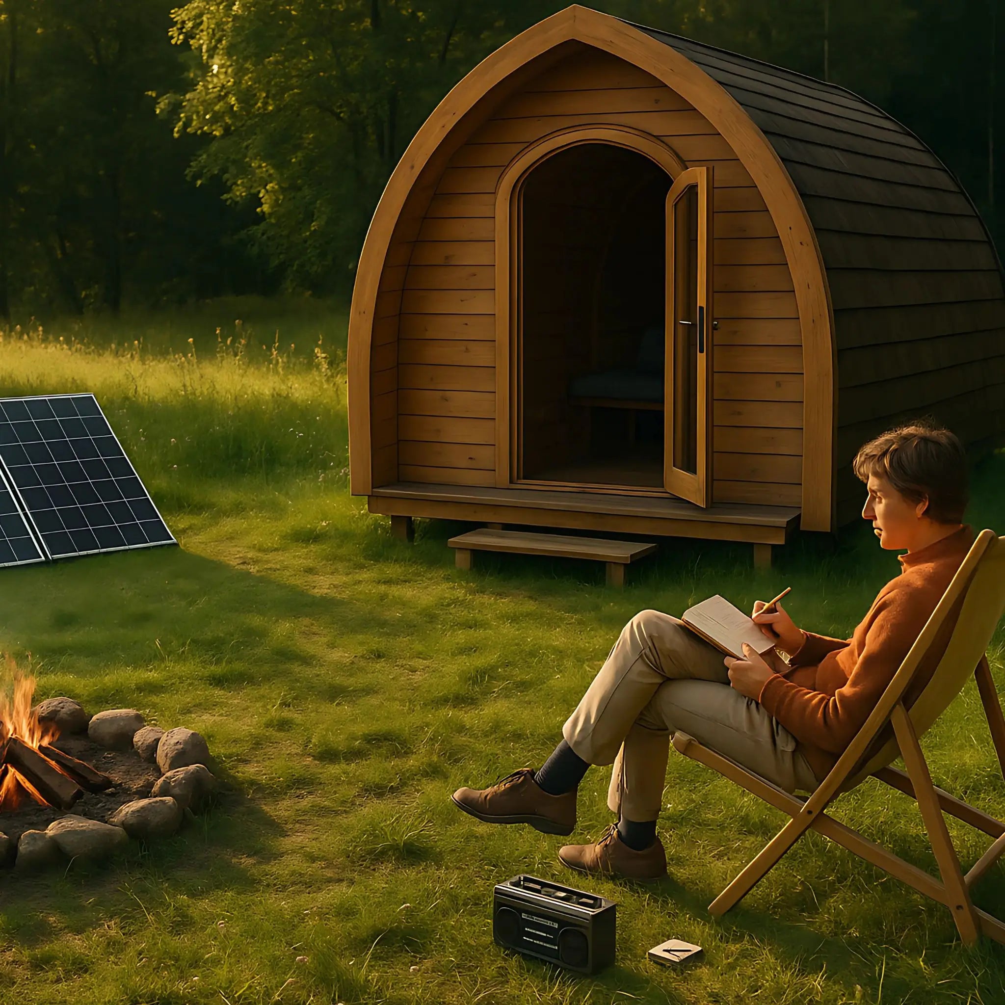 Off grid glamping pod with solar panels, fire pit, and guest journaling outdoors at sunset