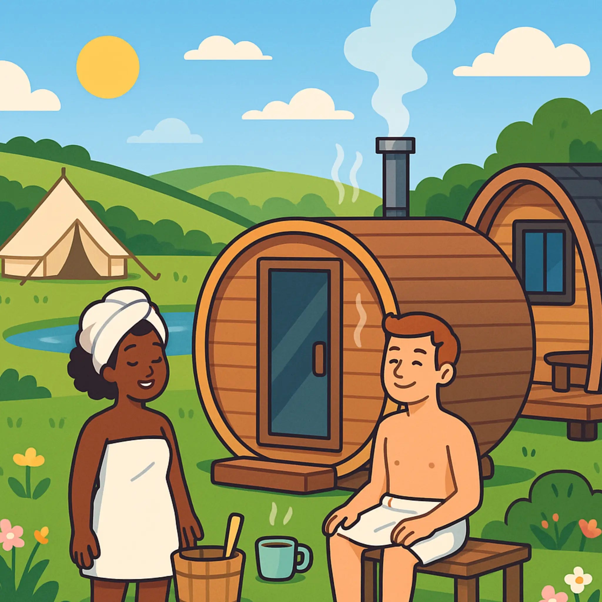 Illustration of two people enjoying an outdoor sauna pod in a scenic countryside glamping site with hills and tents in the background.