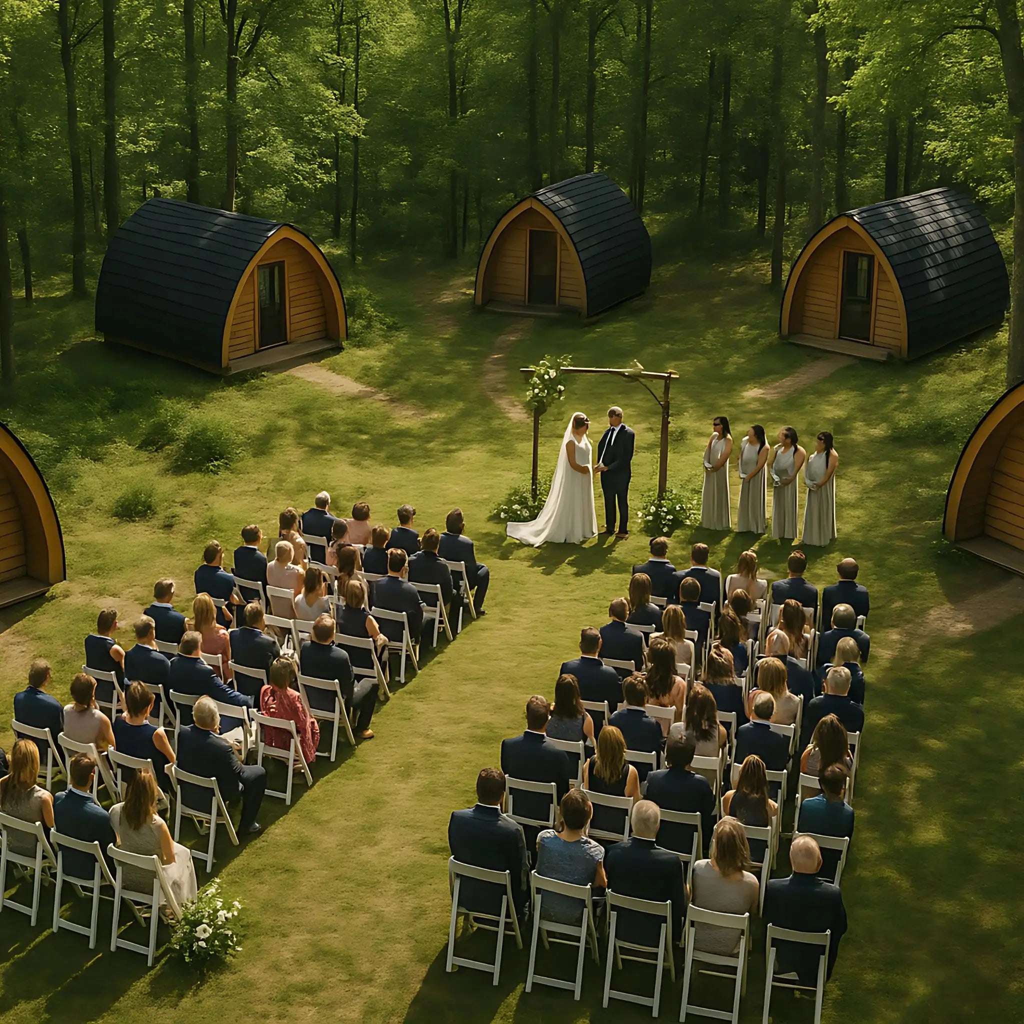 A couple exchanging vows in a forest ceremony space, surrounded by seated guests and glamping pods in the background.