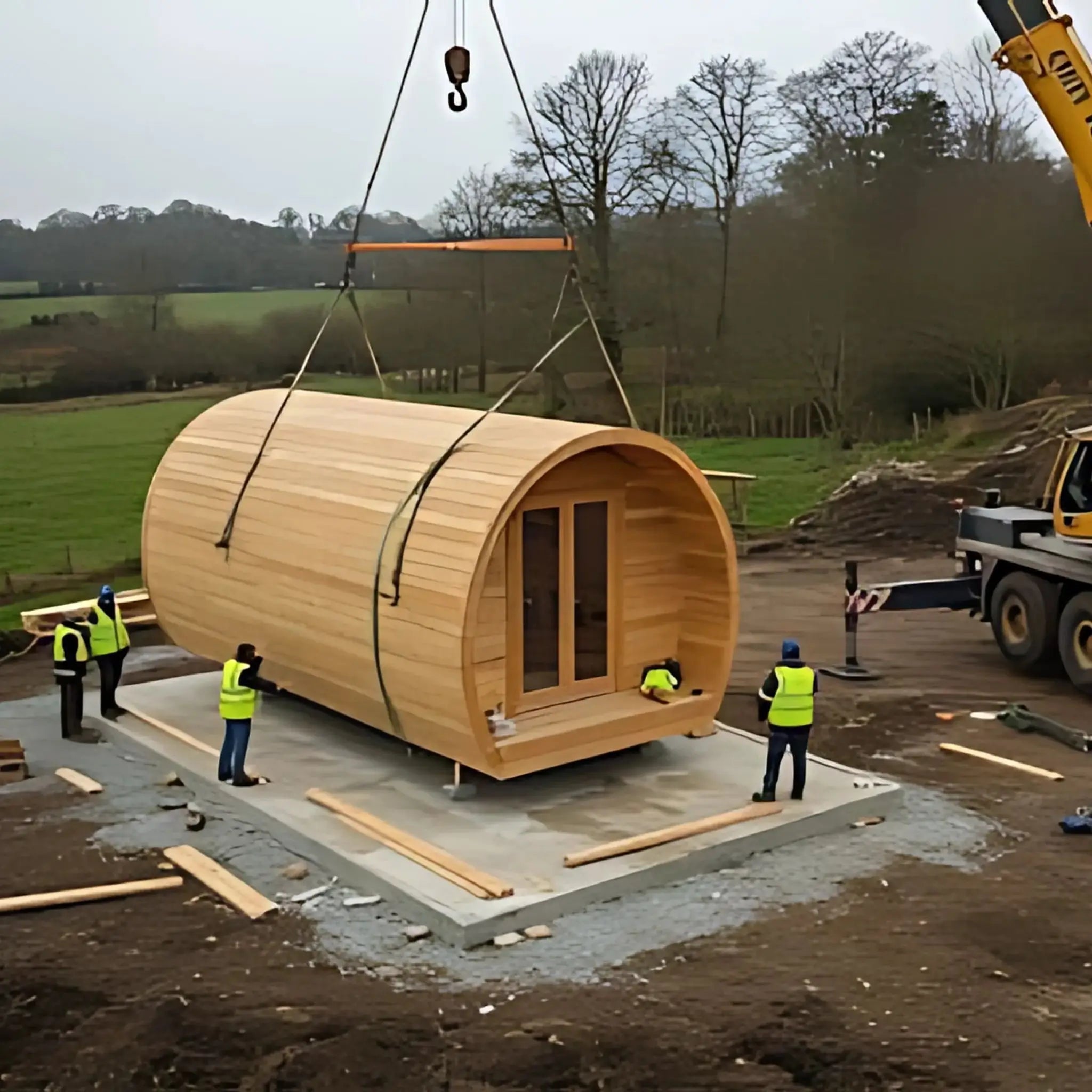 A large wooden glamping pod being lifted into place by a crane, demonstrating an efficient and sustainable approach to off-grid accommodation development.