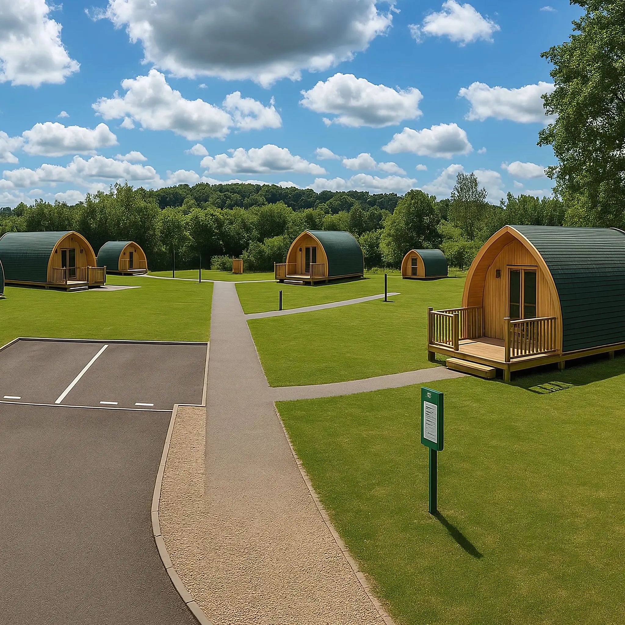 Scenic view of several glamping pods with a spacious layout on green grass, surrounded by nature under a bright blue sky, perfect for a countryside retreat.
