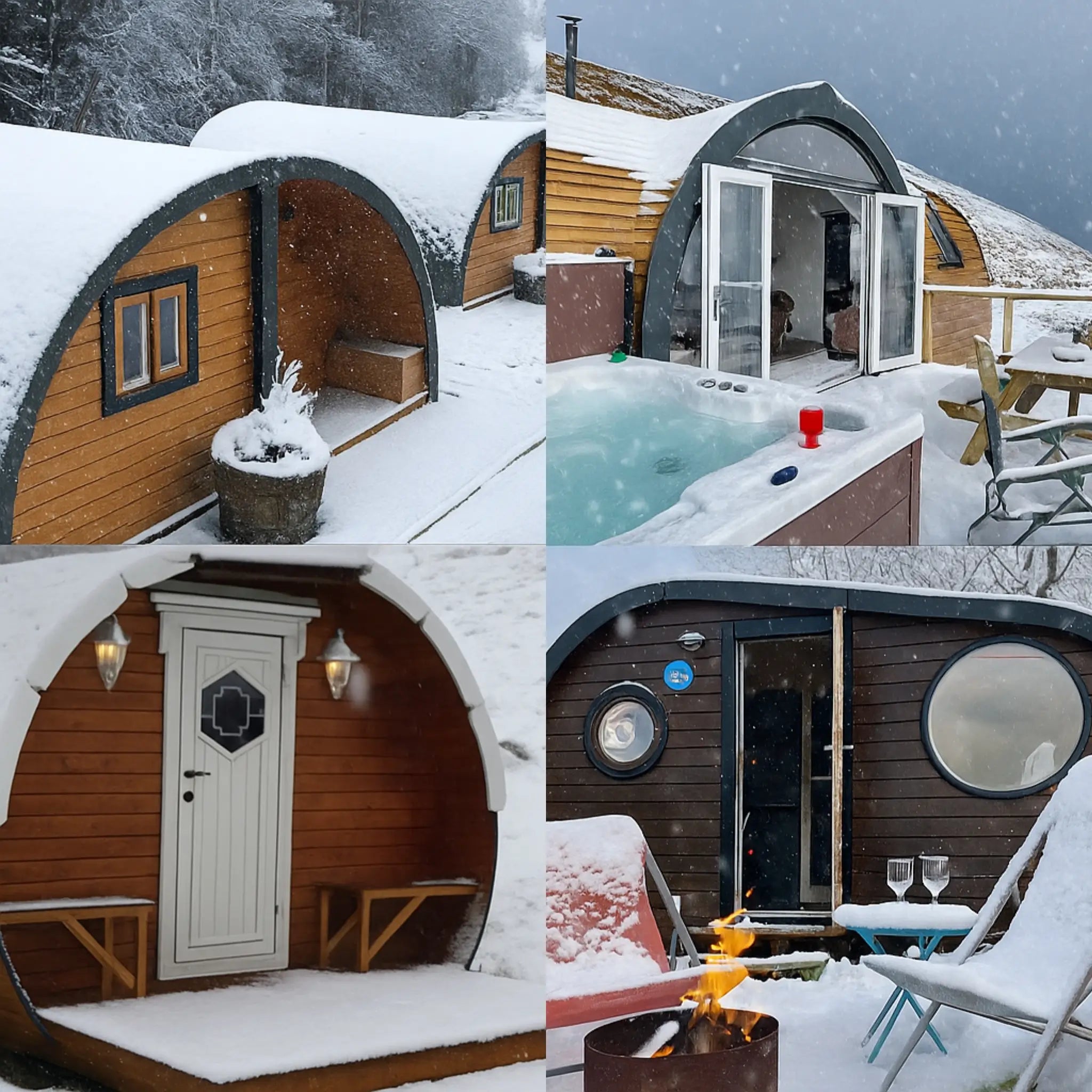 Wooden glamping pods covered in fresh snow, showcasing durability and year-round use in UK winter conditions.