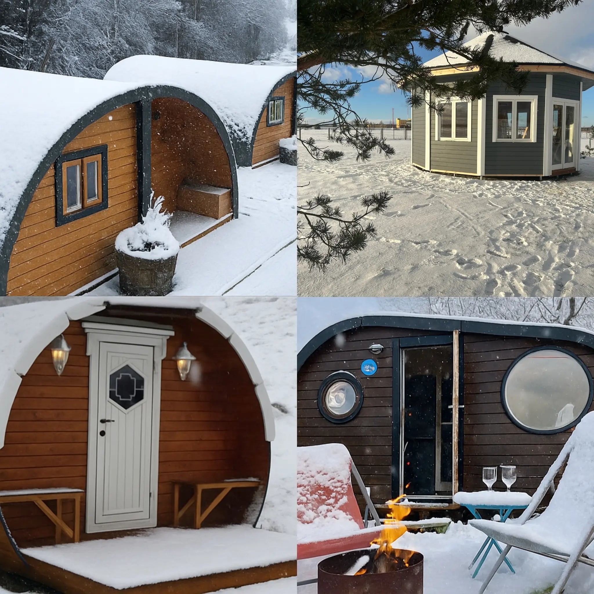 Winter-ready glamping pods in the UK with insulated exteriors and outdoor seating in snowy conditions
