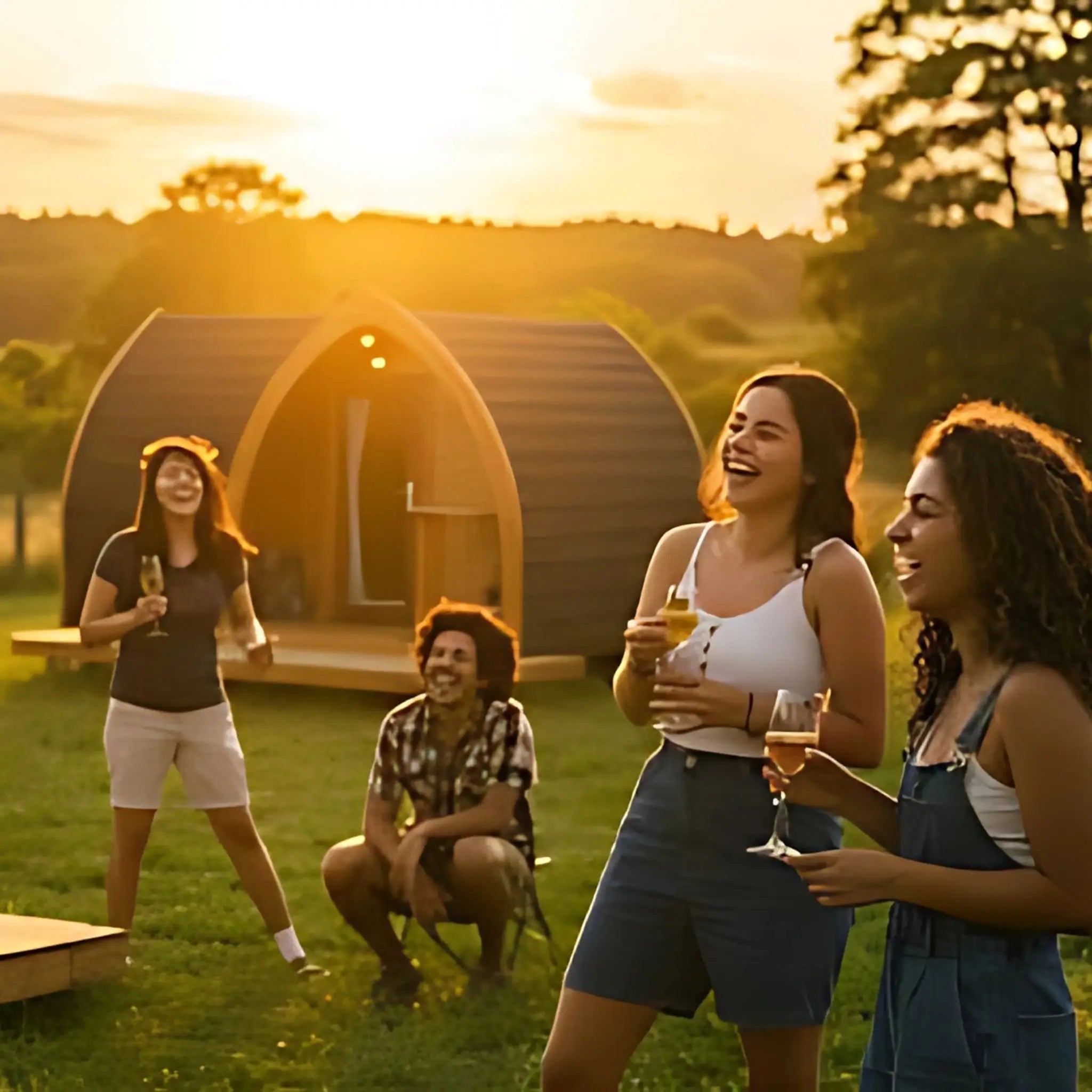 Friends enjoying drinks and conversation outside modern glamping pods during sunset, ideal for group glamping holidays.