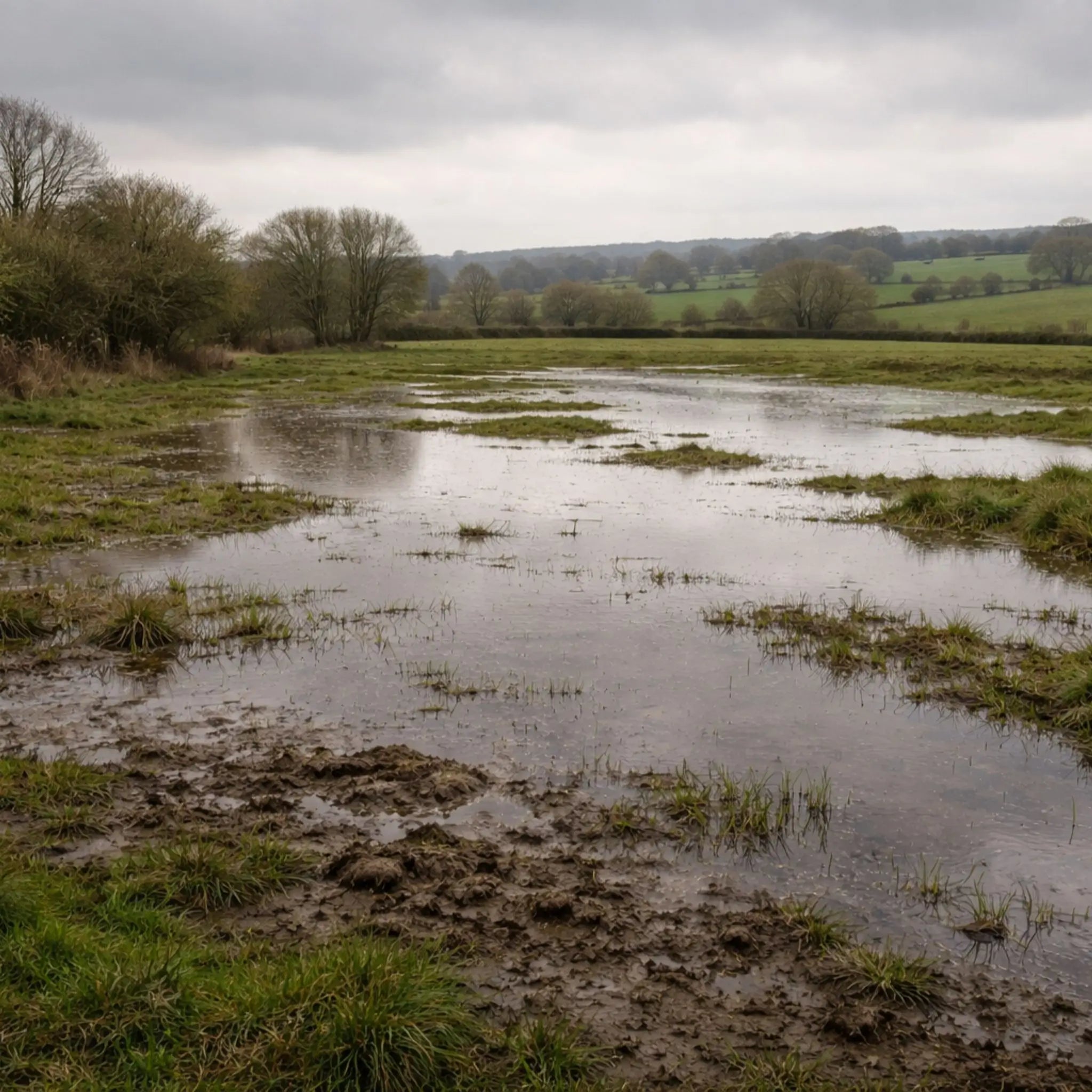 Close-up of waterlogged ground and poor drainage conditions on rural land, demonstrating a key risk factor when assessing glamping site viability