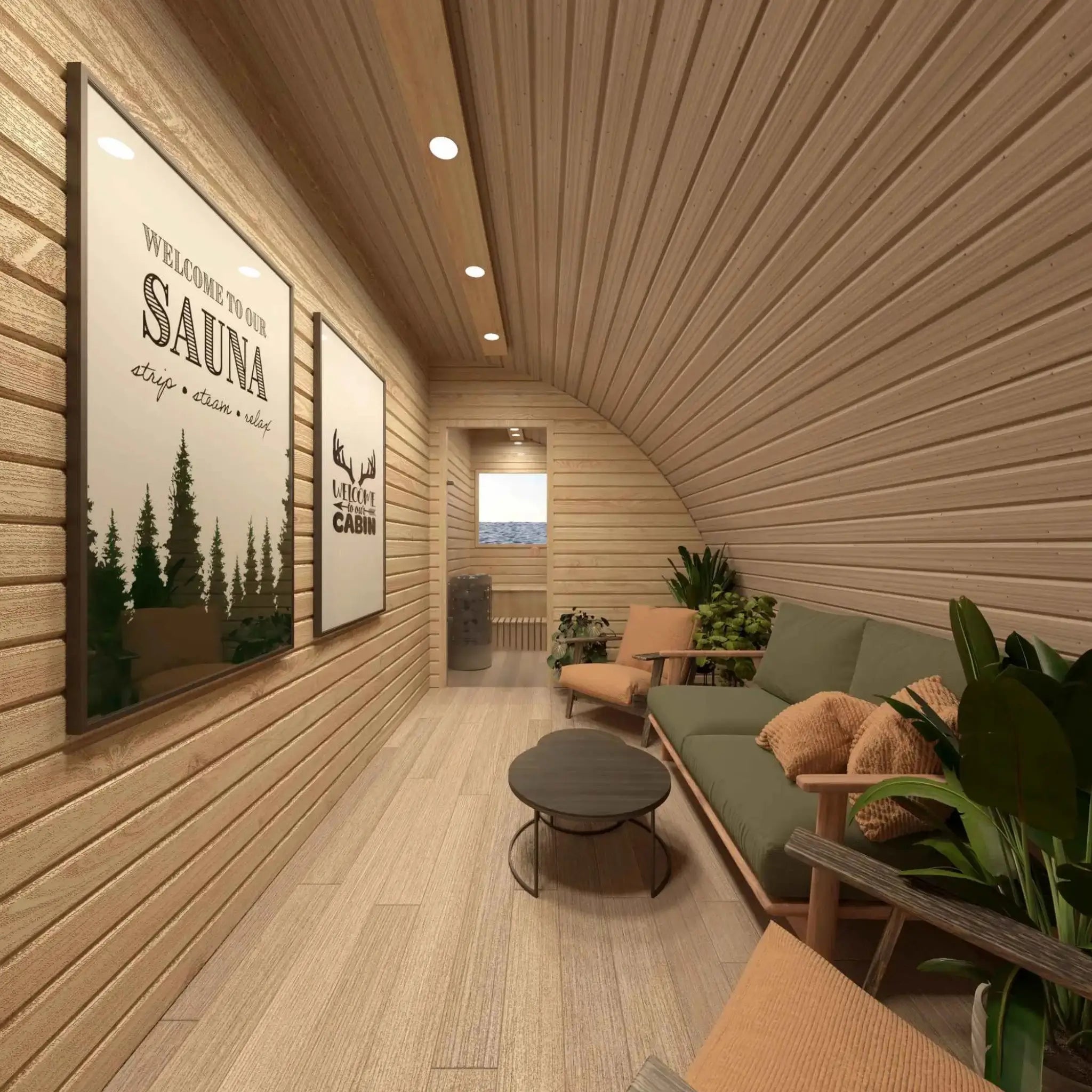 Inside view of the Dual Halfmoon Pod’s lounge area with wooden curved walls, cozy seating, and natural lighting, part of GlampLaunch’s luxury sauna pod collection.