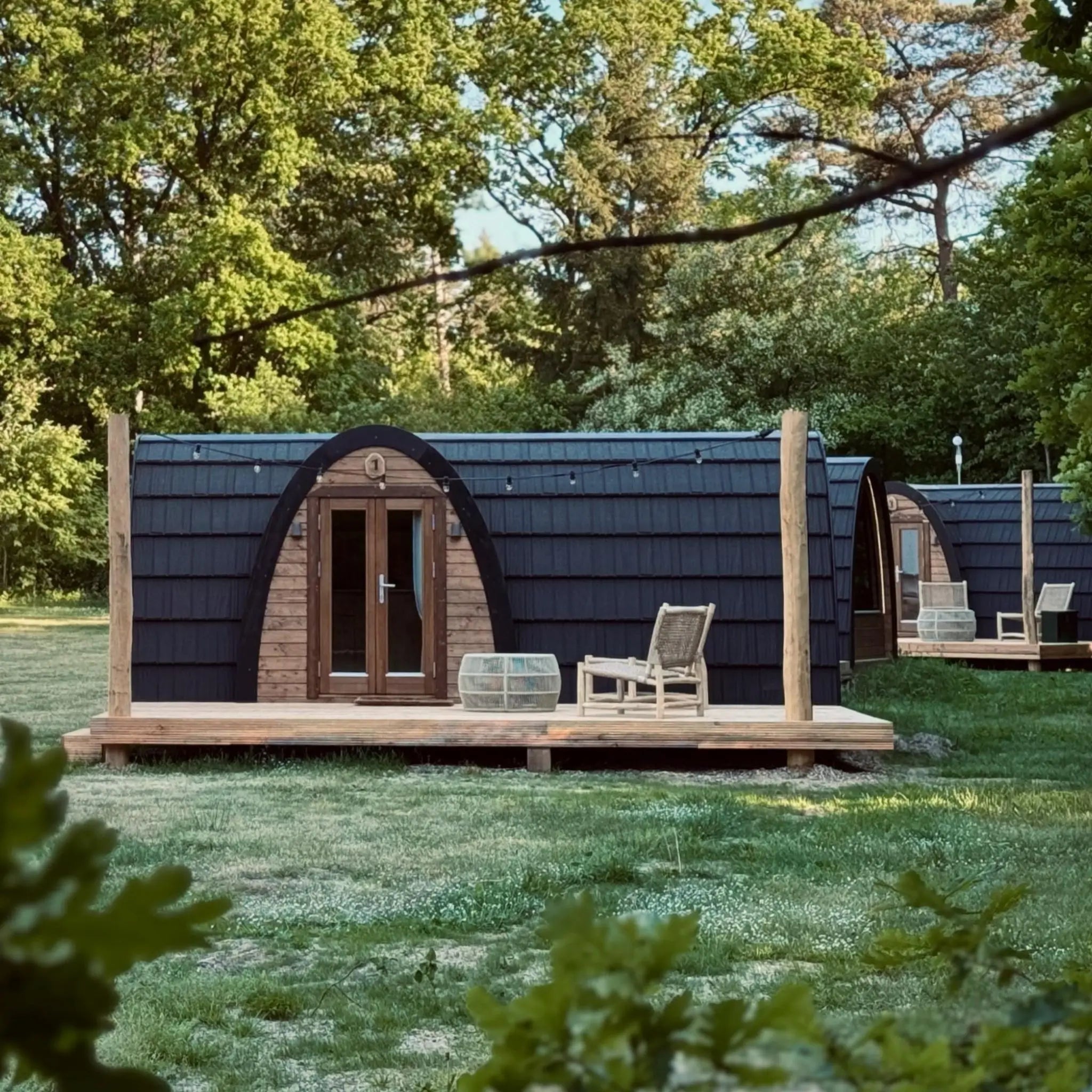 Hobbit Pod’s rustic exterior and cosy wood-clad interiors, showcasing the bedroom, kitchenette, ensuite bathroom, and scenic forest-facing window—ideal for luxury outdoor stays.