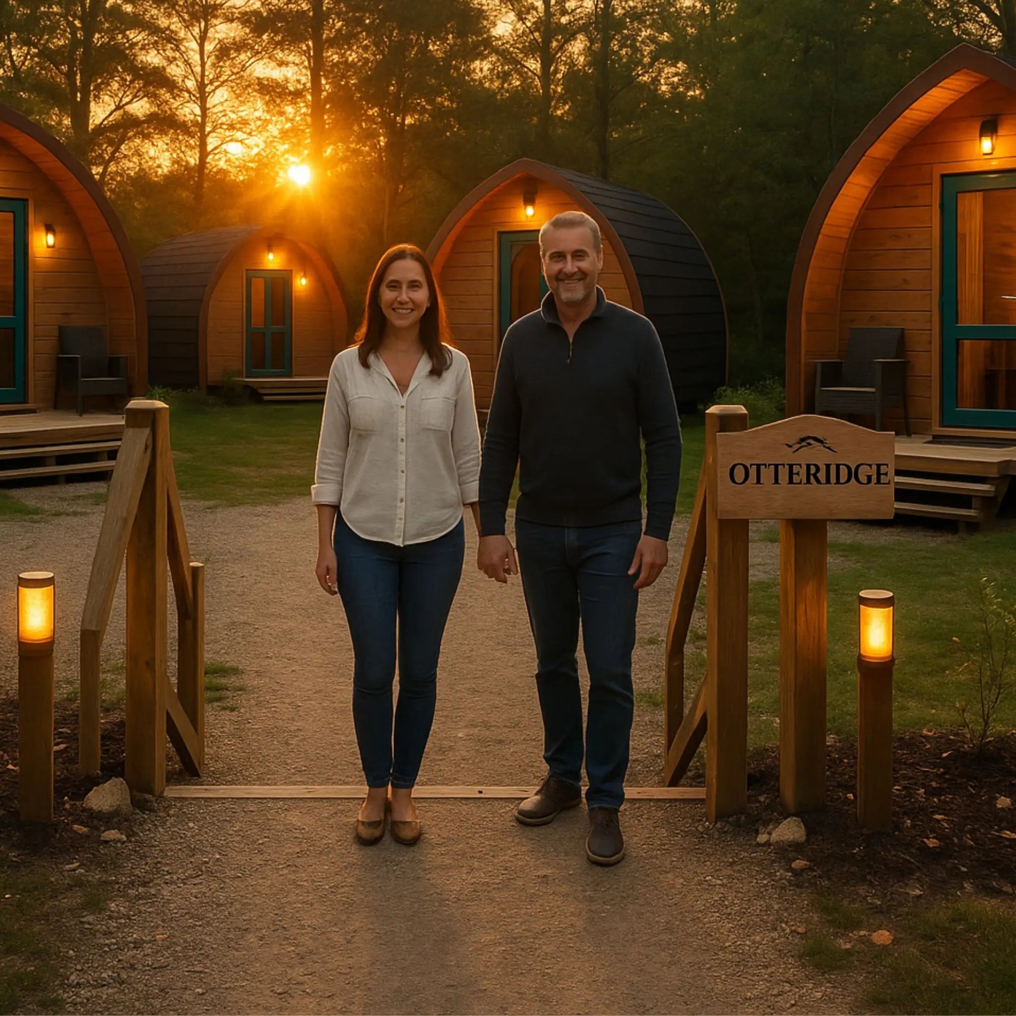 Owners of a family-run UK glamping resort standing at the entrance to their luxury pod site at sunset, with timber glamping pods lit up in a peaceful woodland setting
