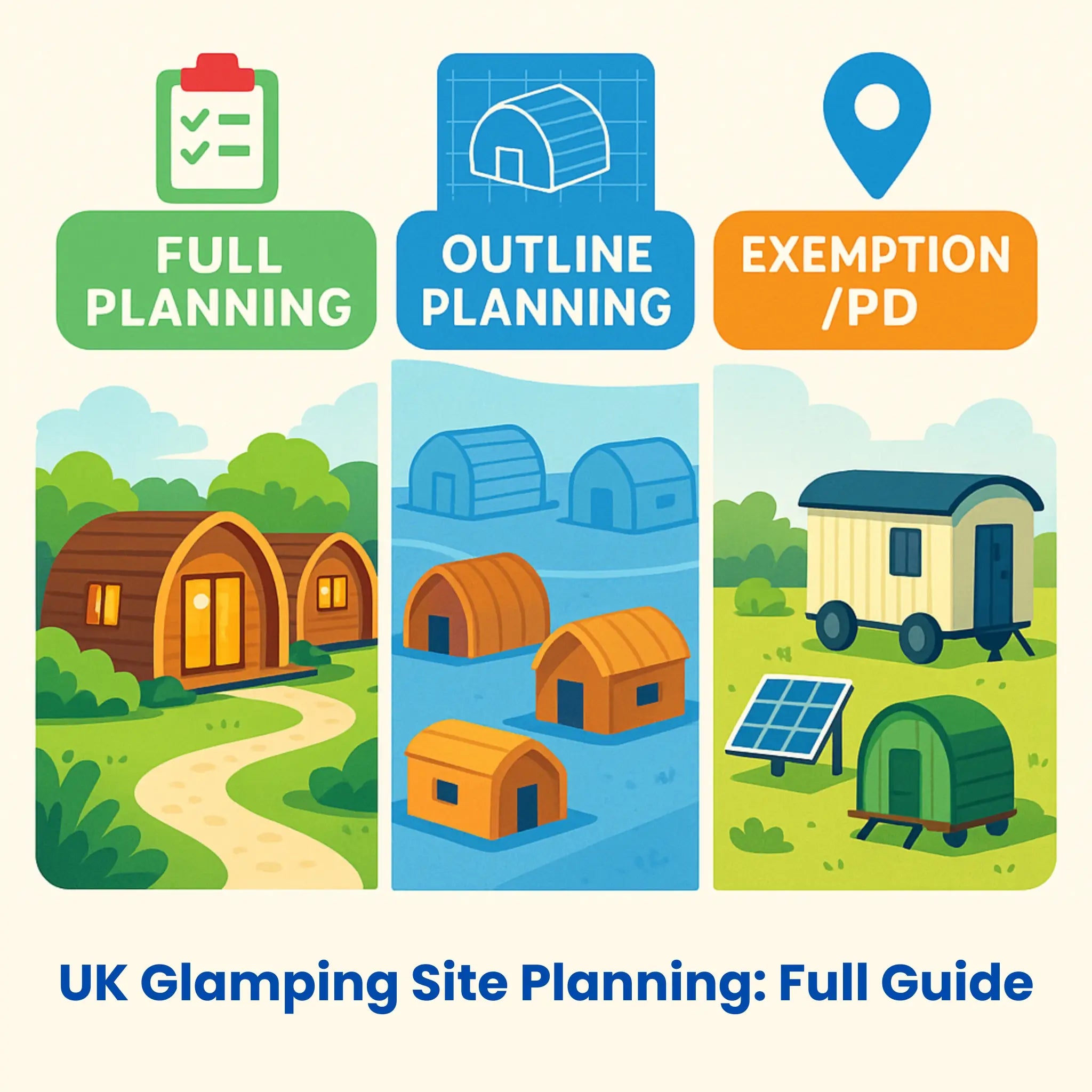 Full guide infographic for UK glamping site planning covering full planning, outline planning, and exemption pathways.