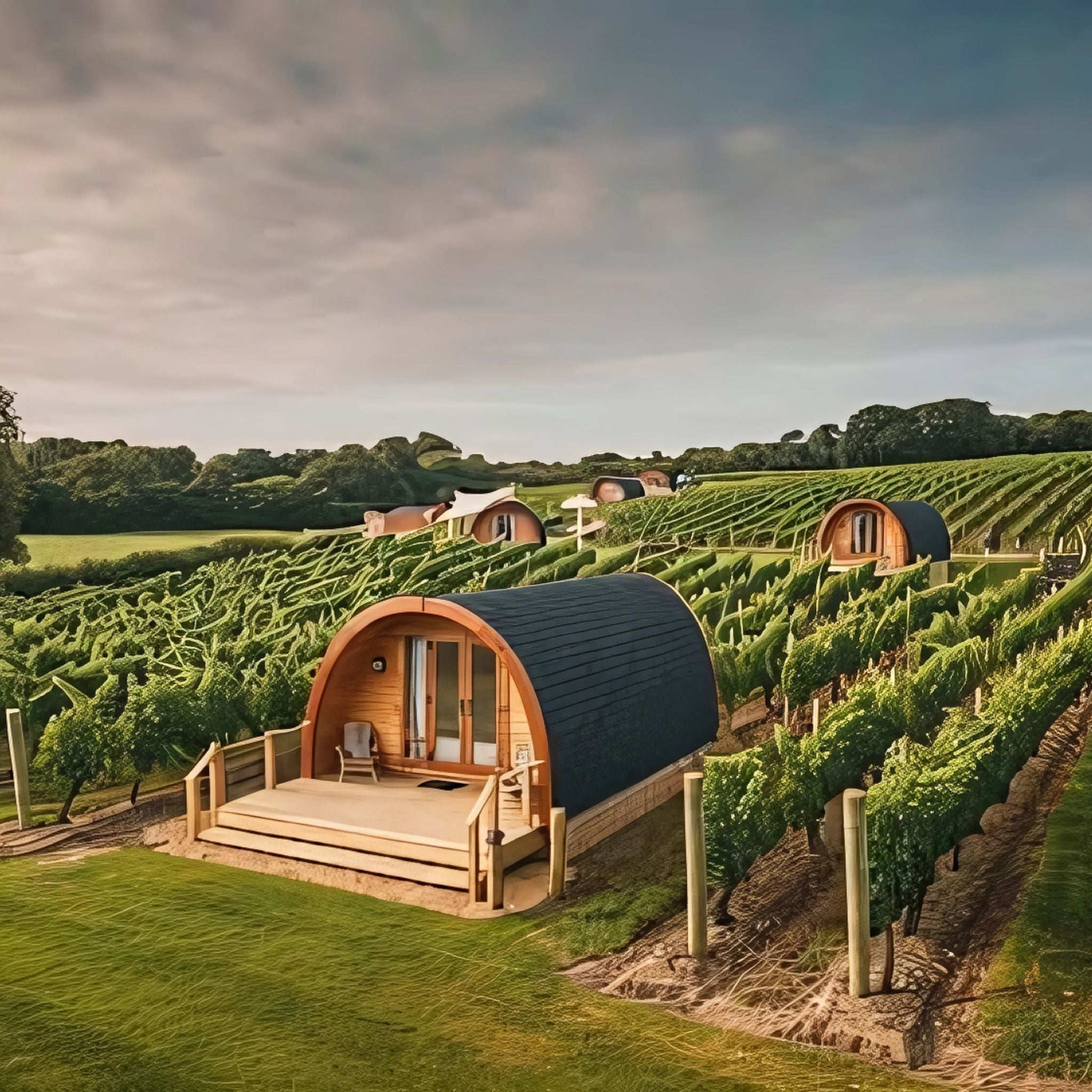 A row of charming wooden glamping pods nestled within a lush vineyard, offering a peaceful nature retreat