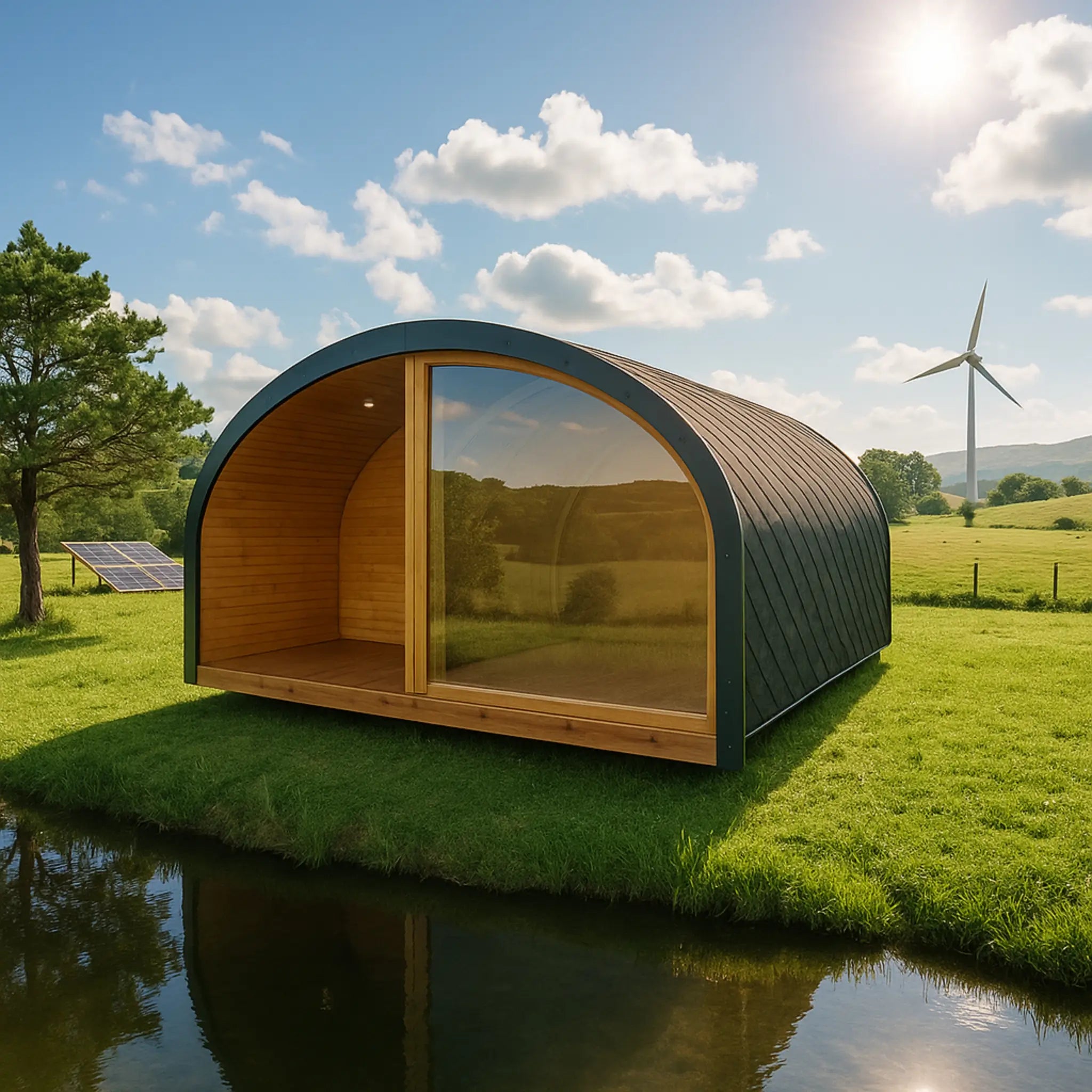The XL Dual Halfmoon Pod by GlampLaunch in a scenic green valley with solar panels and a wind turbine, demonstrating affordable off-grid living as a real alternative to renting.
