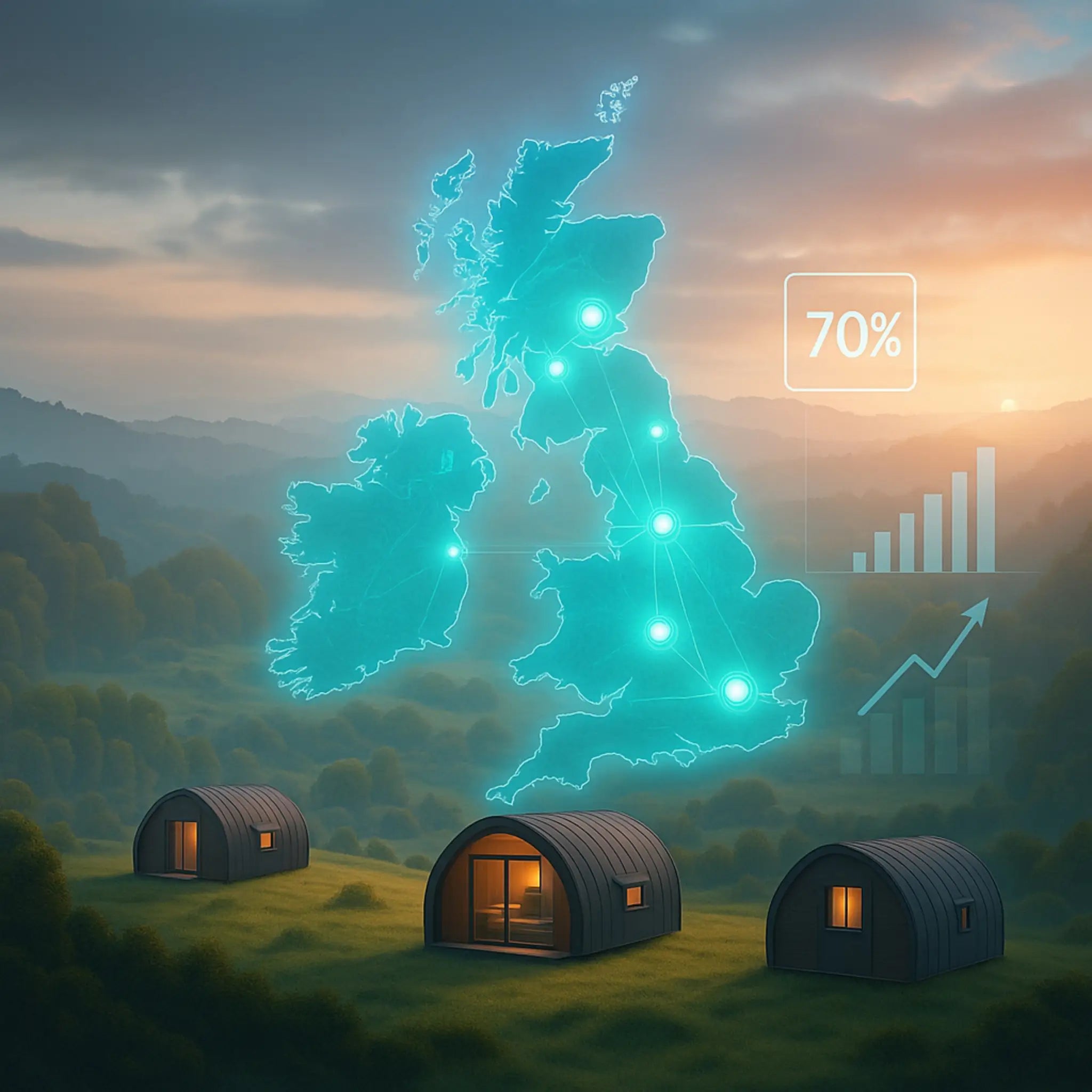 UK glamping market growth map 2026 showing pod sites across Britain and Ireland with rising occupancy and ROI trends.