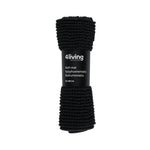 Black 4Living chenille bathroom mat rolled with product label on a white background.