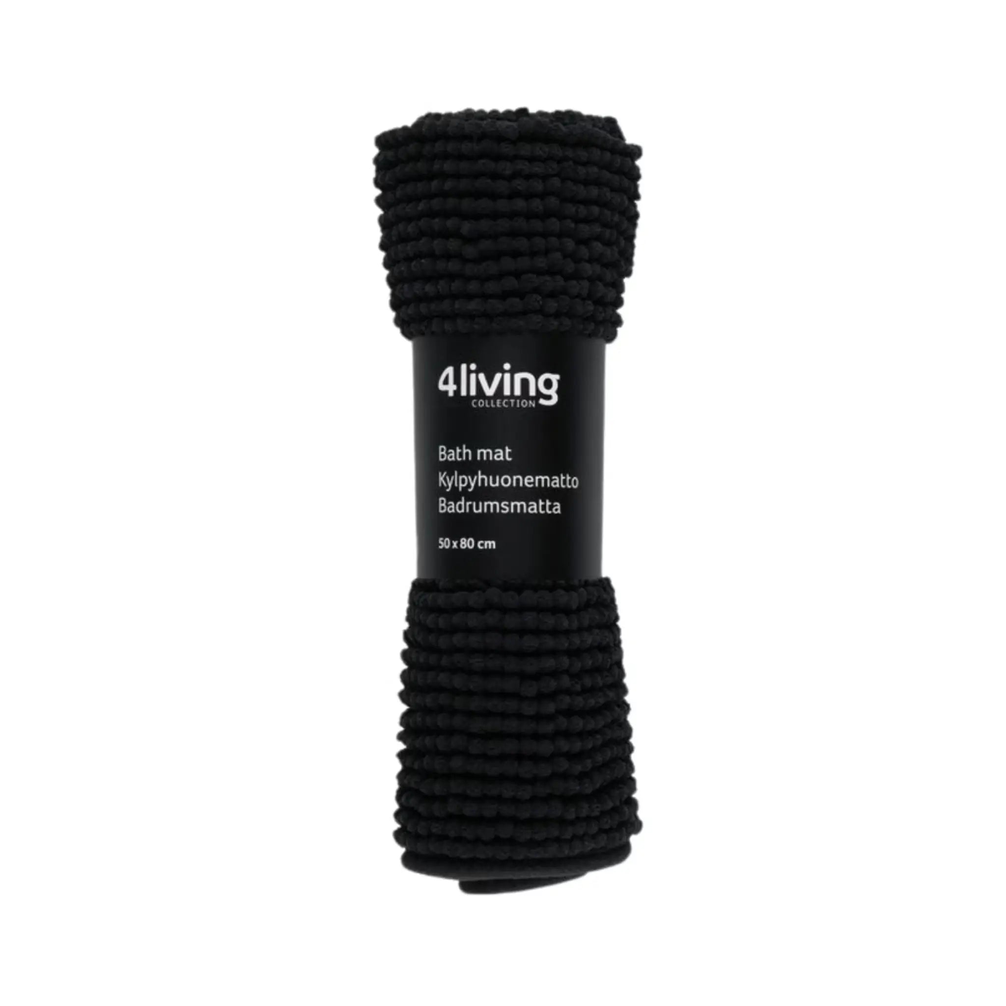 Black 4Living chenille bathroom mat rolled with product label on white background
