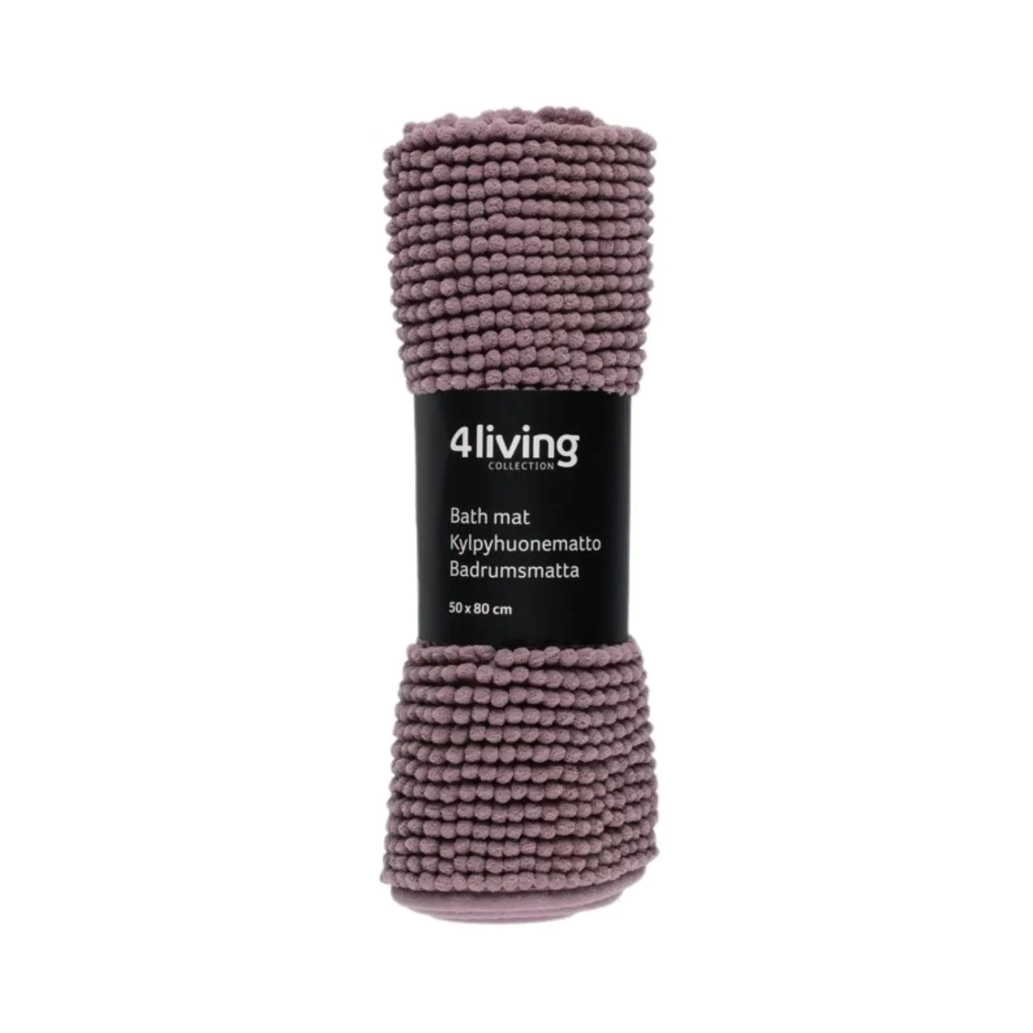 Mauve 4Living chenille bathroom mat rolled with product label on a white background.