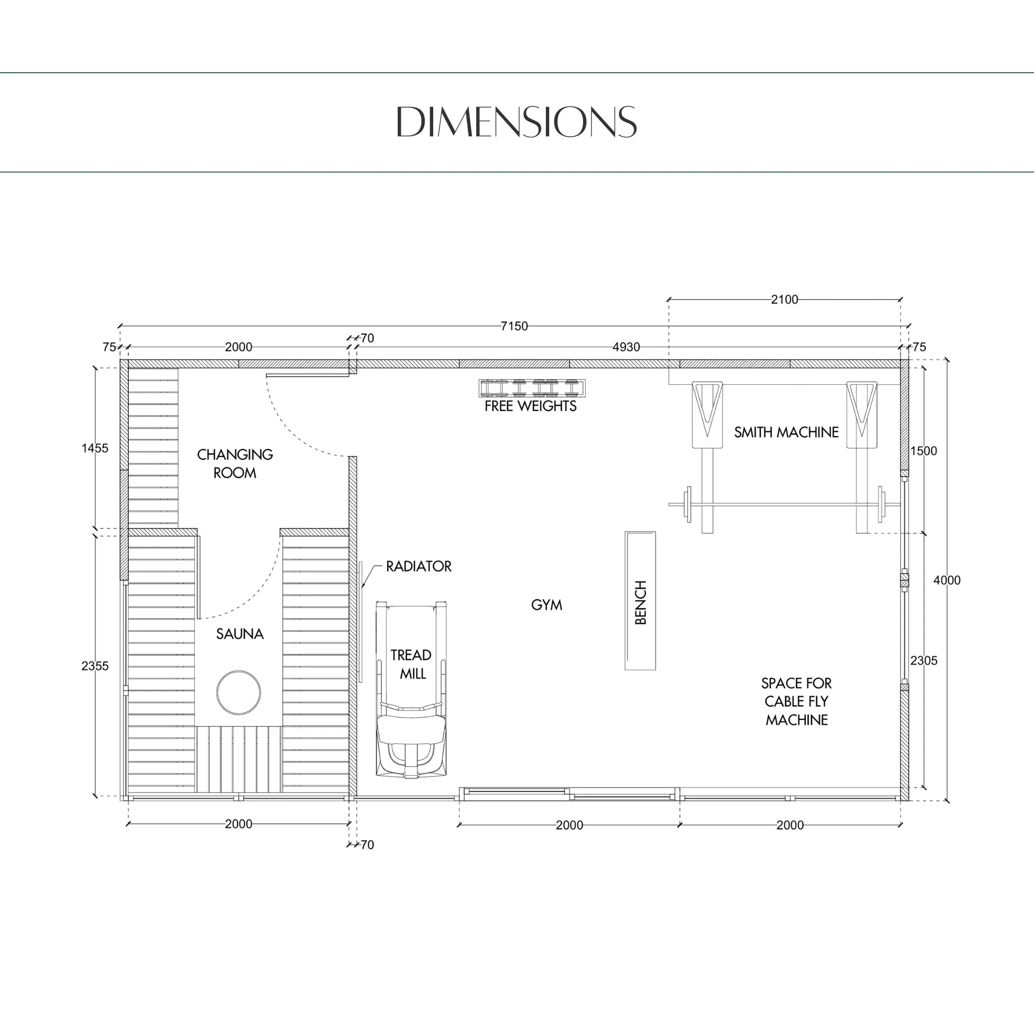 Dimensions drawing for 4 Person Traditional Outdoor Sauna Cube with gym, sauna and changing room showing detailed measurements and floor plan layout.