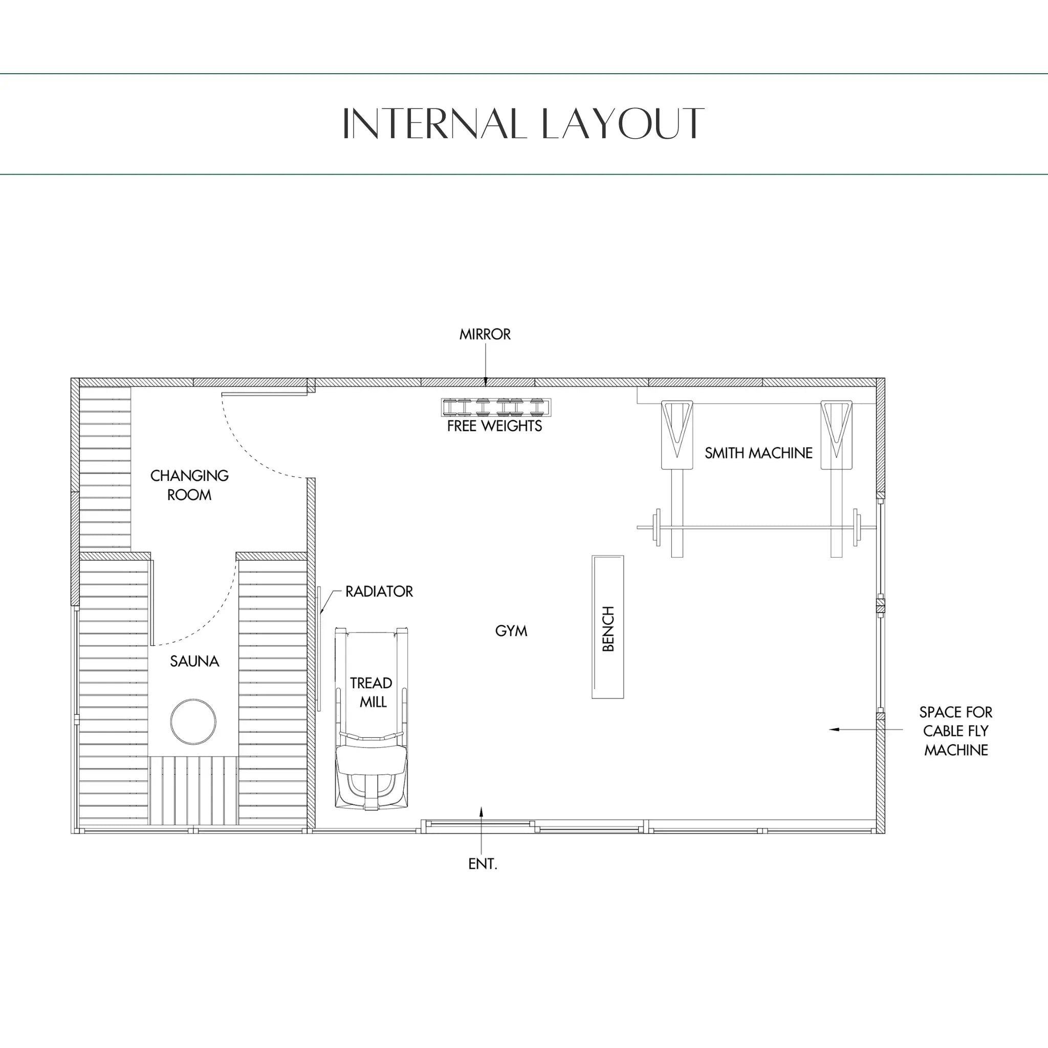 Internal layout plan of 4 Person Traditional Outdoor Sauna Cube featuring sauna room, changing room, treadmill area, free weights, bench and gym equipment.