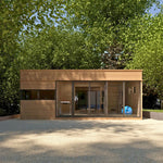 Front exterior view of 4 Person Traditional Outdoor Sauna Cube with gym and changing room, featuring contemporary timber cladding and full-height glass frontage.