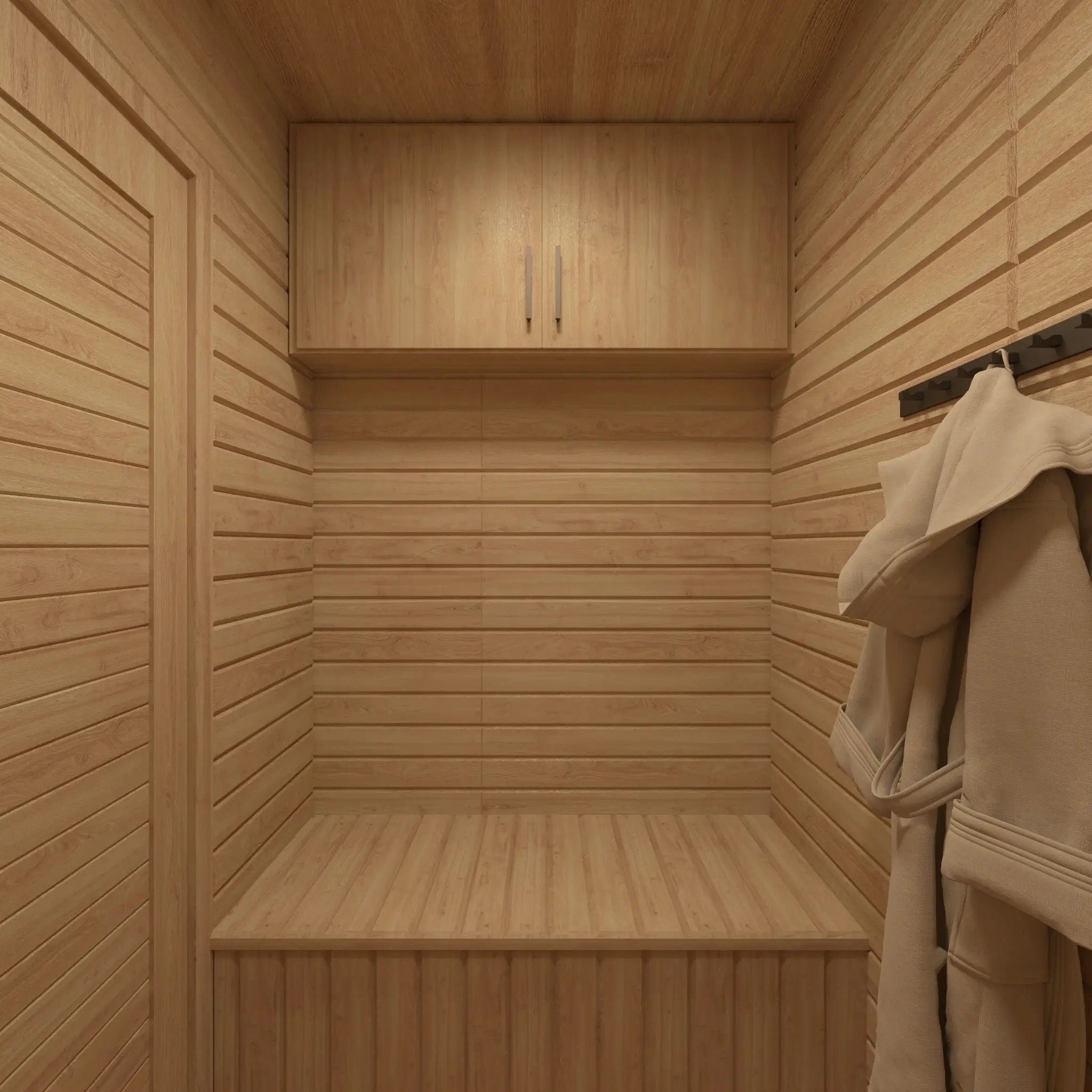 Timber-lined changing room inside 4 Person Traditional Outdoor Sauna Cube with integrated storage cabinet, bench seating and sauna access.